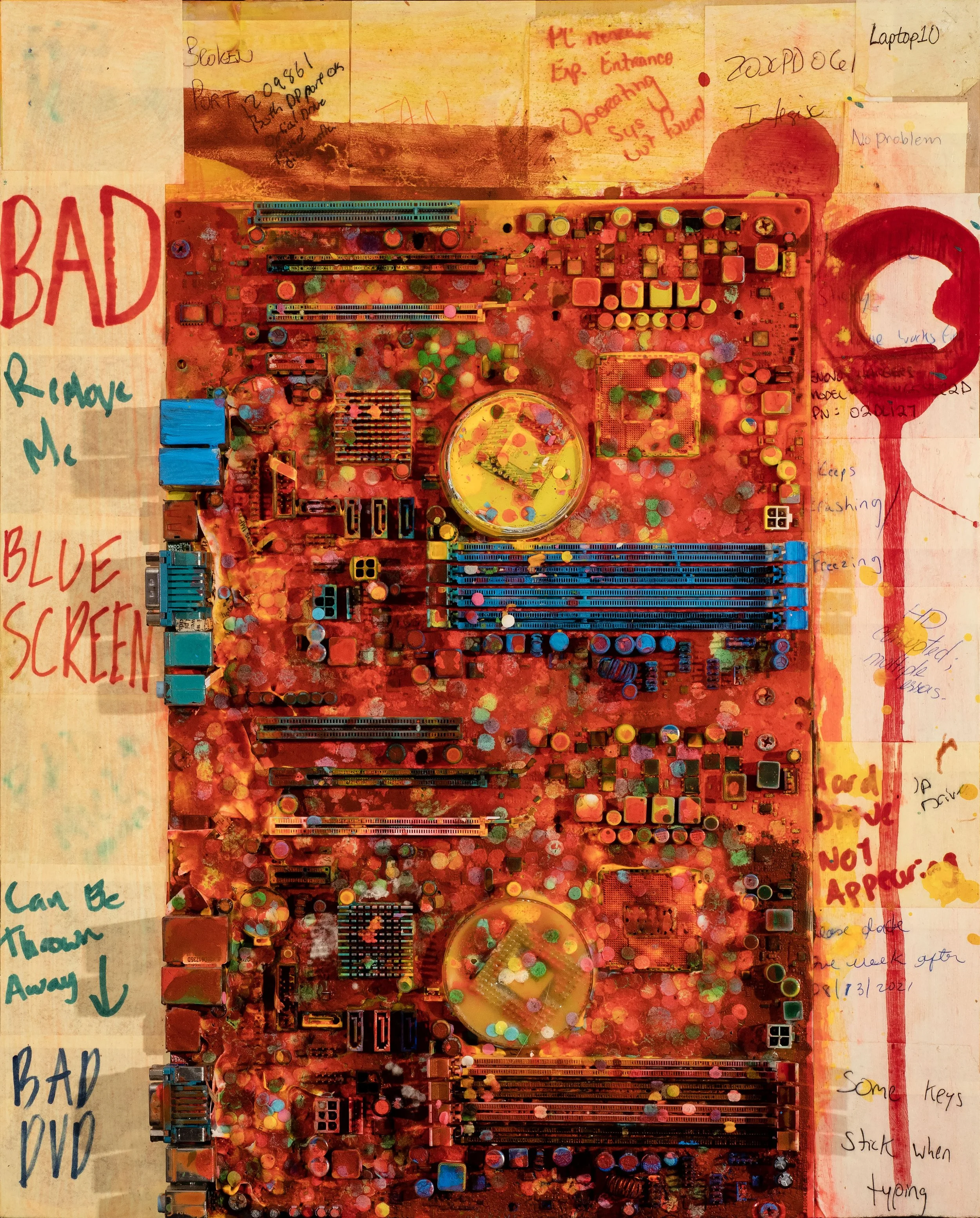 A colorful collage of electronic computer parts, including a motherboard, RAM, and other components, overlaid with handwritten notes and doodles on a background of painted paper with handwritten text.