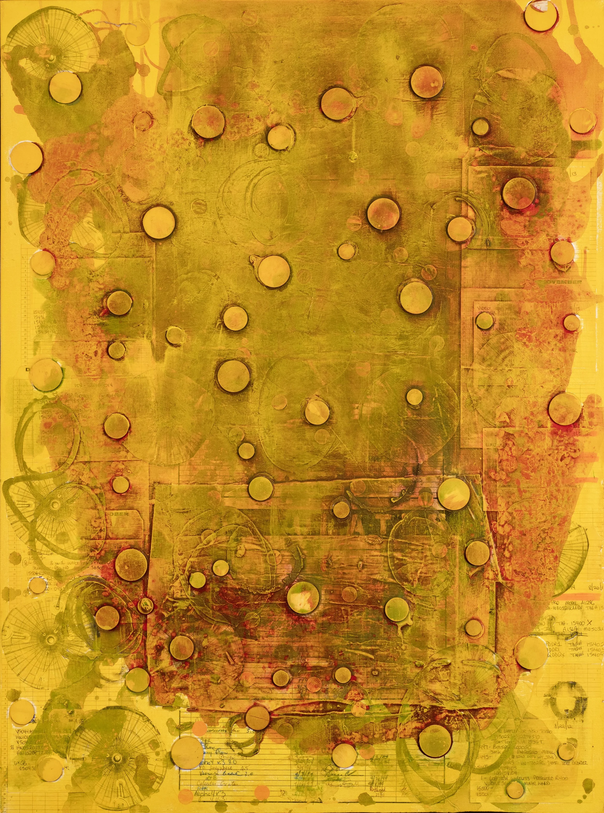 A collage of various sketches, technical drawings, handwritten notes, and schematic diagrams on a yellowed background, with numerous circular shapes and overlapping elements.