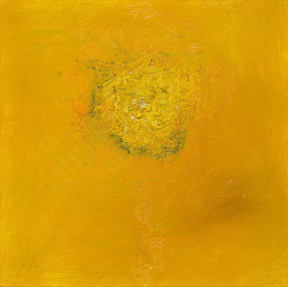 Abstract painting with a bright yellow background and textured yellow and orange center.