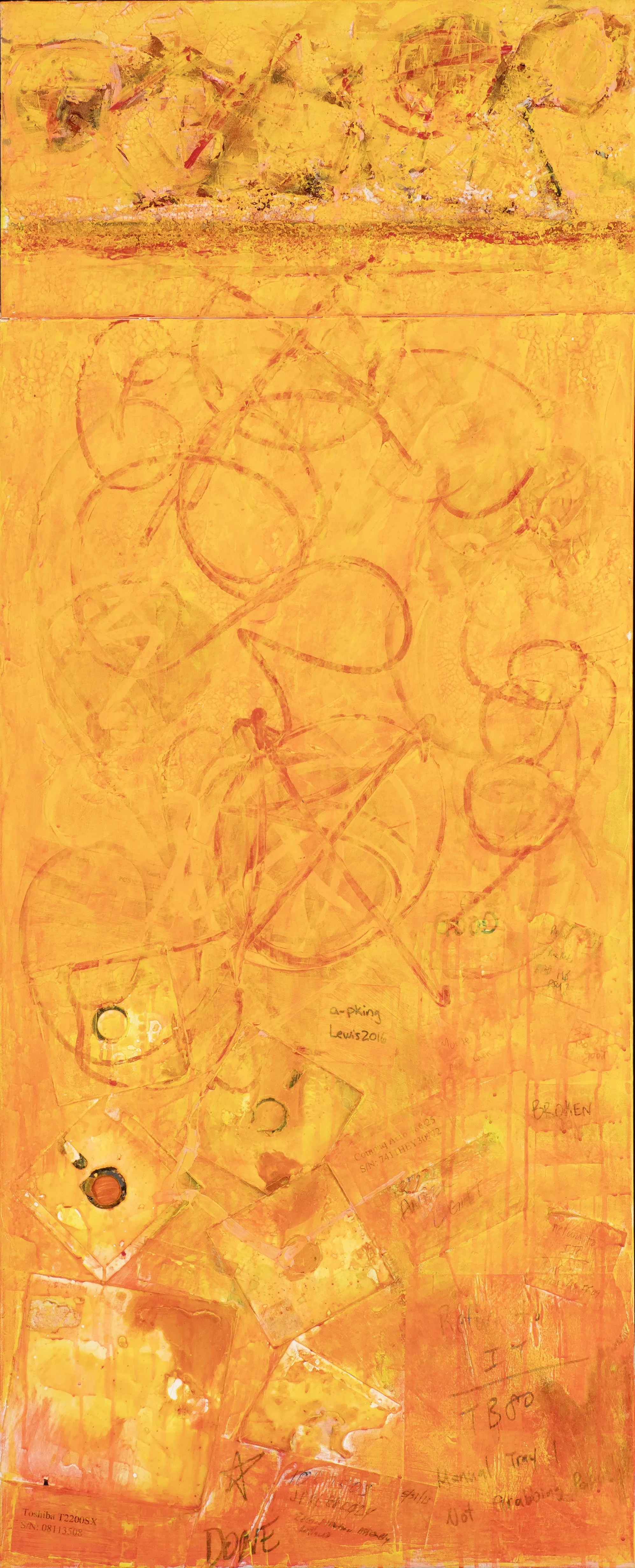 Abstract painting with a vibrant yellow and orange background featuring faint sketches of bicycles, handwritten notes, and various shapes scattered across the surface.