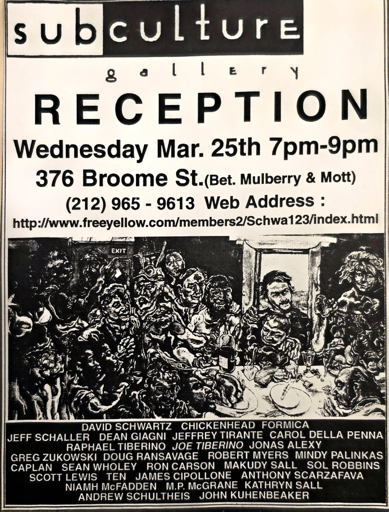 Subculture Gallery reception announcement for March 25 at 376 Broome Street, New York, featuring Anthony Scarzafava.