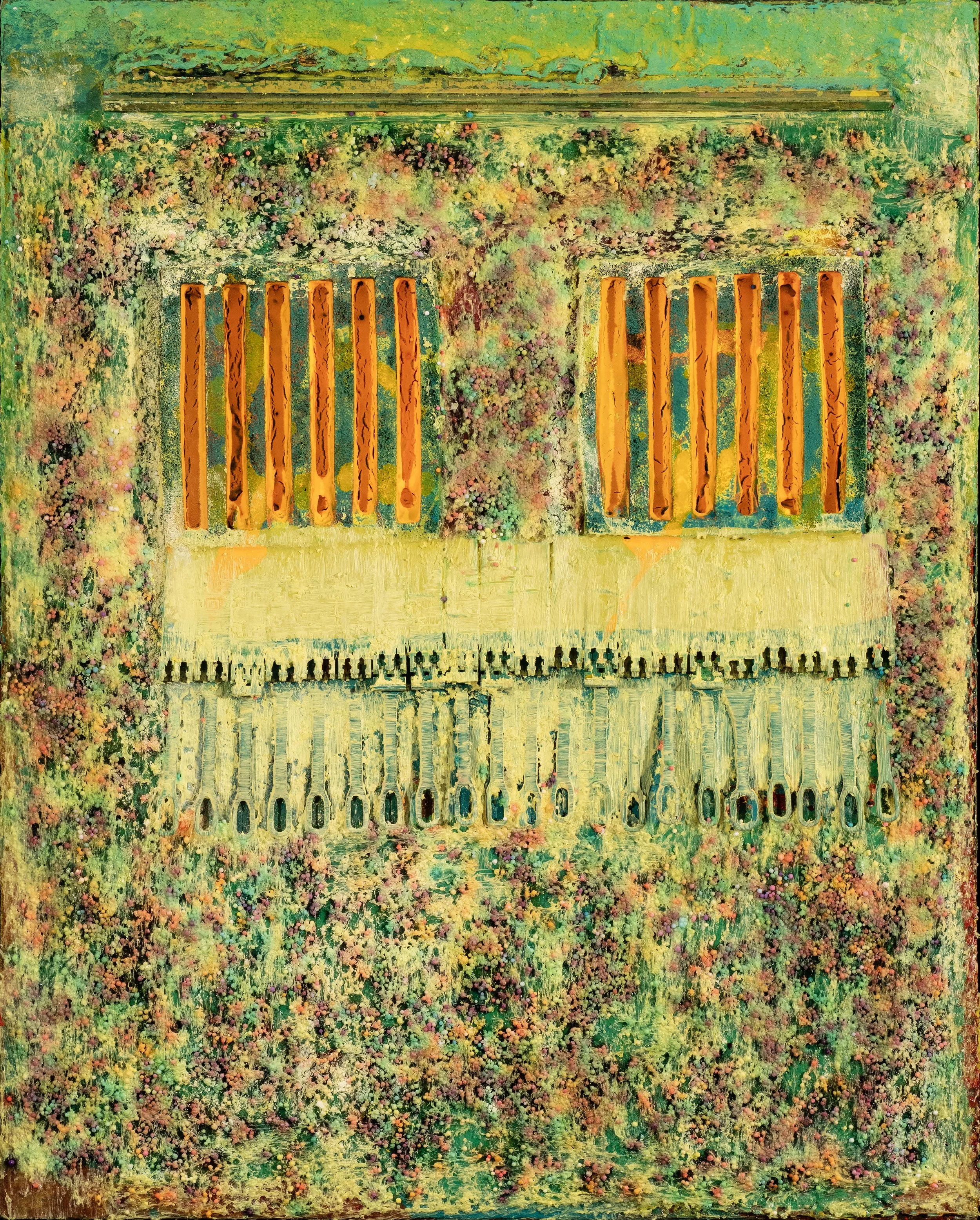 An abstract painting with a textured surface featuring vibrant speckles and splashes of various colors, including green, yellow, pink, and black. The composition has two rectangular orange elements near the top and a pattern of vertical black strokes