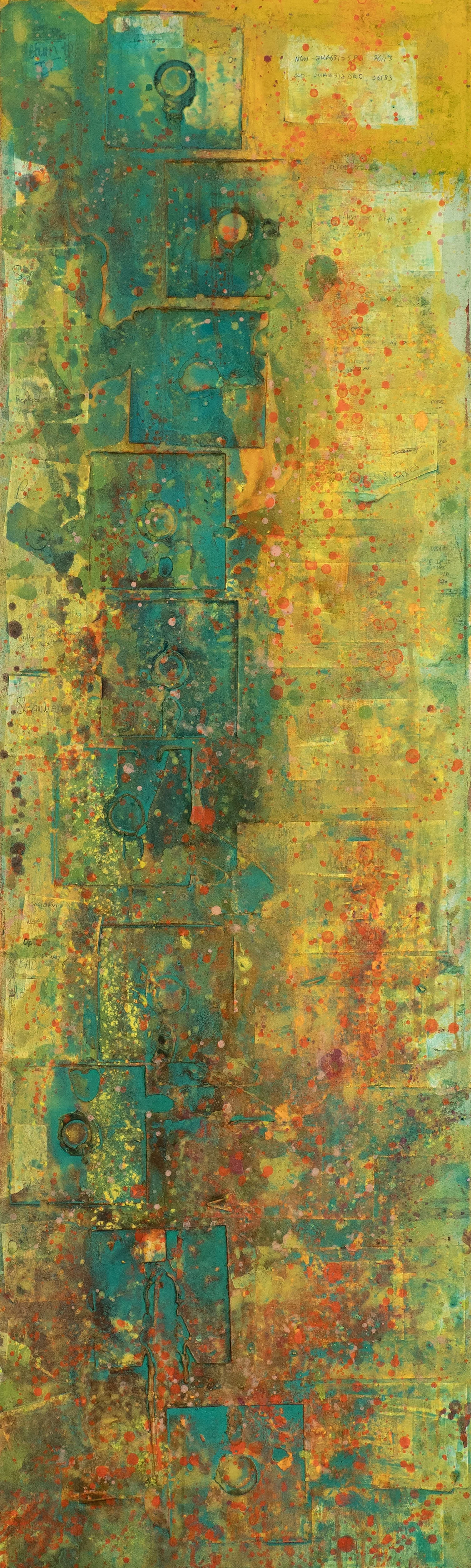 Abstract vertical artwork with vibrant yellow and green background, dotted with red and orange paint splatters, featuring blue rectangular shapes with circular elements and sketches.