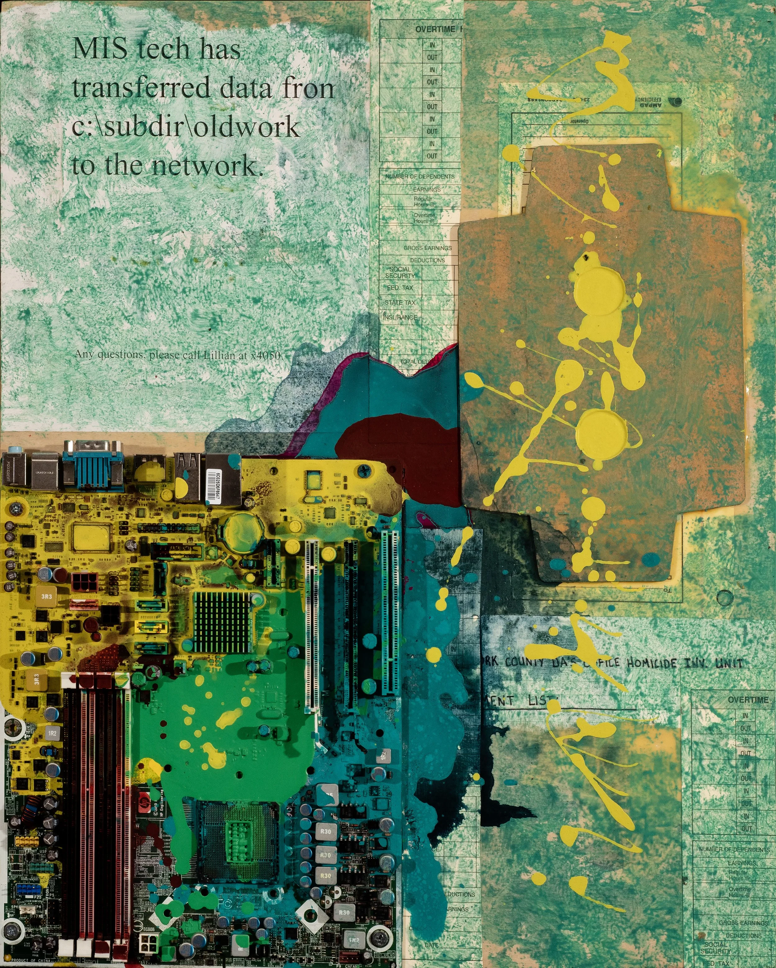 A computer motherboard with yellow paint splatters and a weathered background featuring a printed report about MIS tech transferring data from a directory to the network.