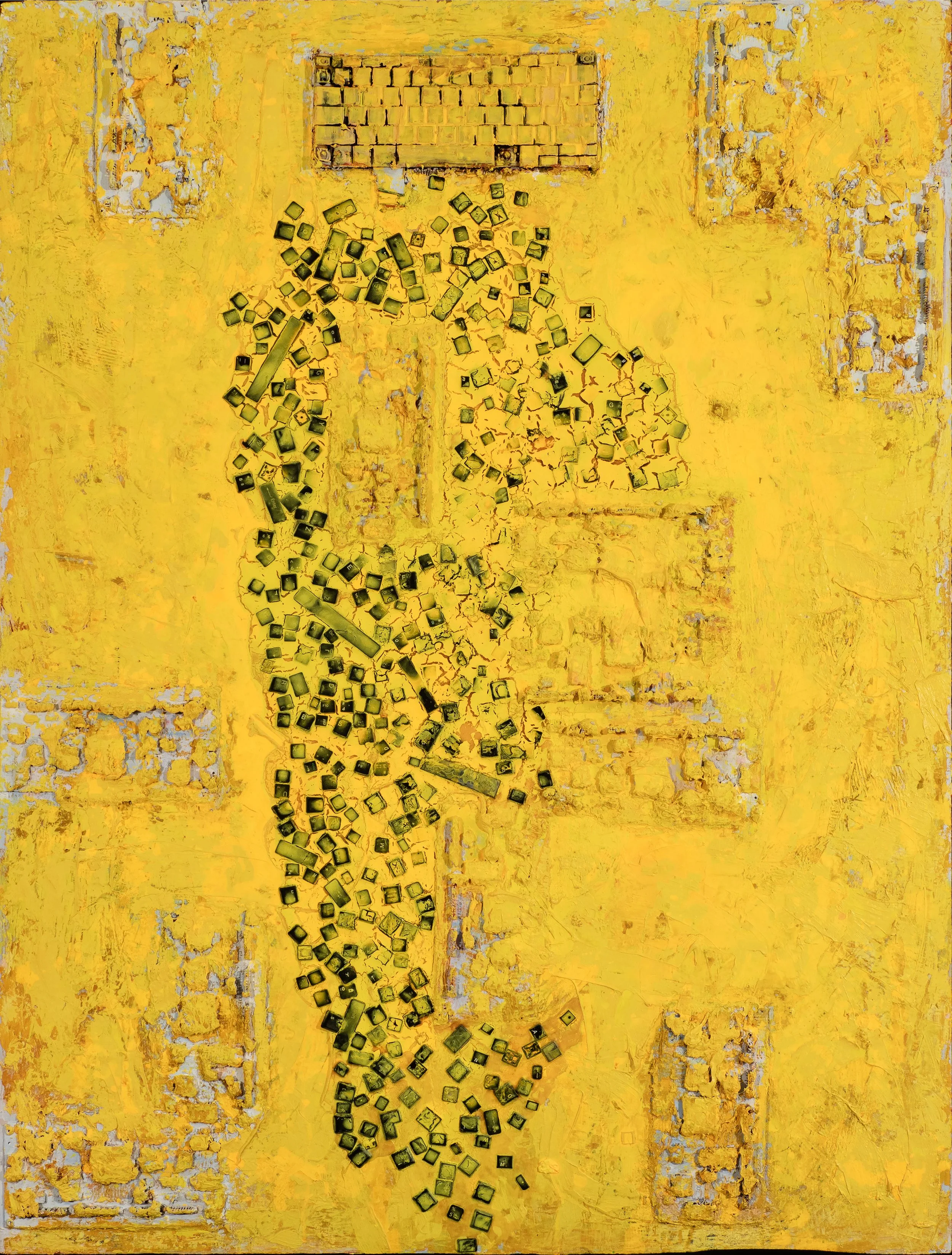 Aerial view of a yellow-painted building rooftop with scattered broken glass pieces, some larger ceramic tiles, and a rectangular metal hatch.