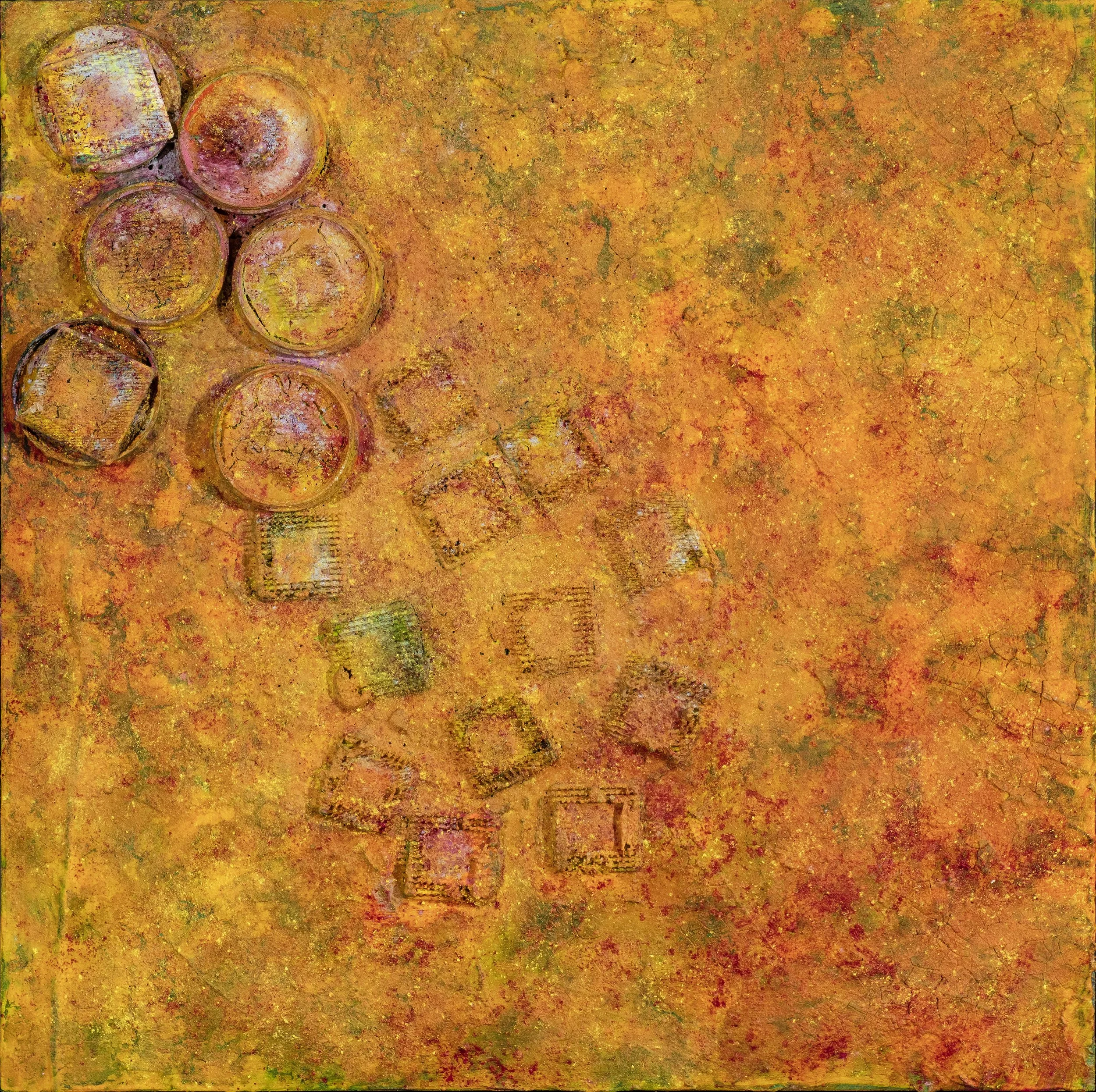 Top view of a textured, abstract surface painted in warm tones of yellow, orange, red, and green. The surface appears weathered with visible cracks and paint splatters. On the left side, there are six small, round, slightly cracked objects, possibly 