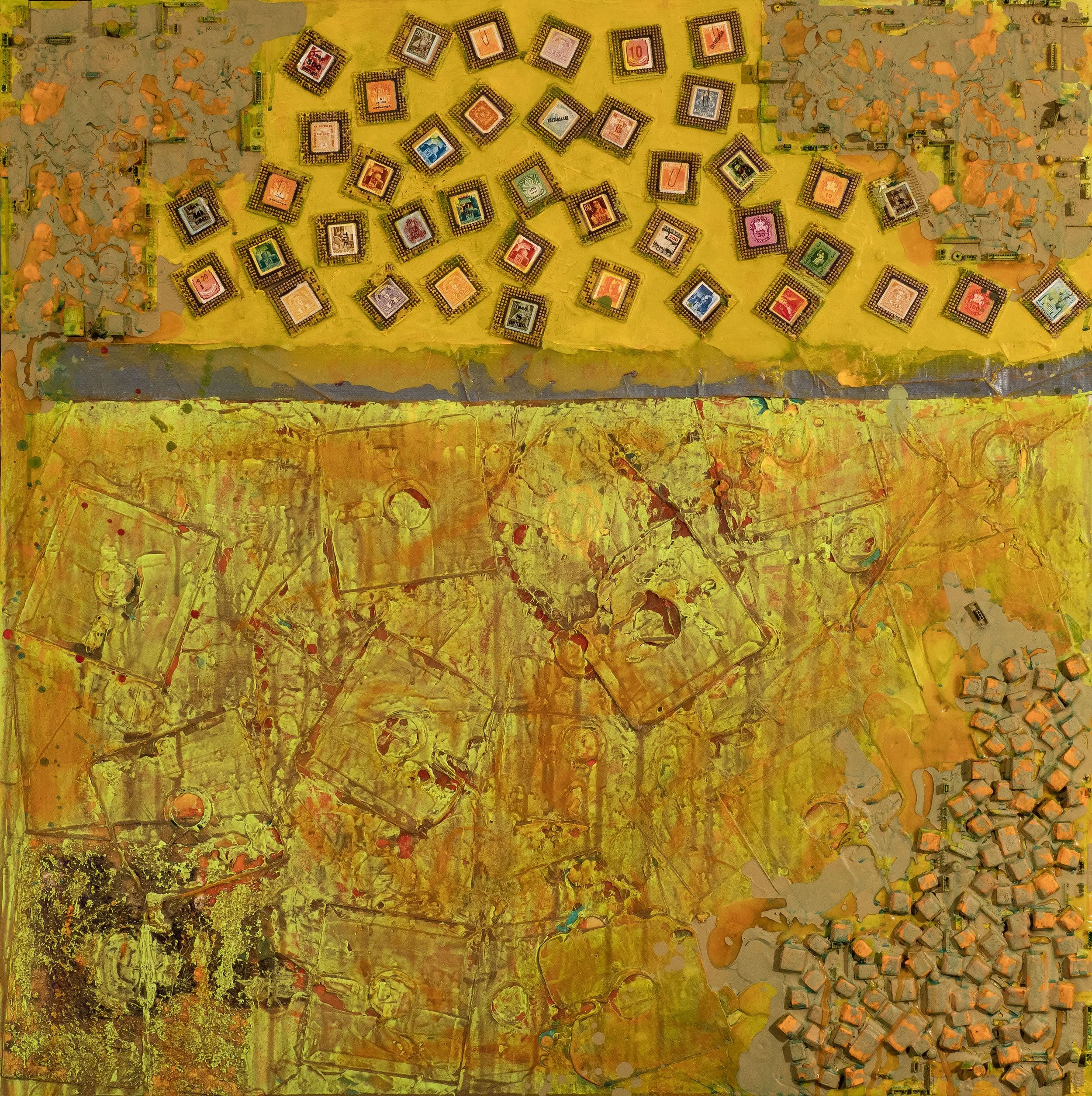 An abstract expressionist painting with yellow, orange, gray, and black colors, featuring various shapes, textures, and patterns, including painted stamps and scattered cubes on the right side.