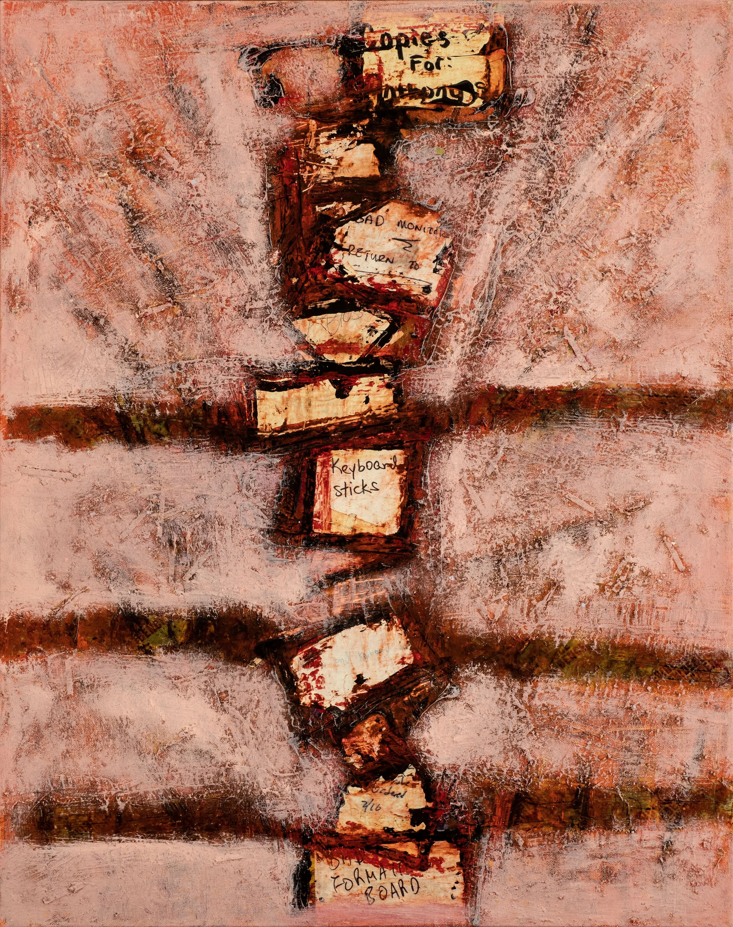 Abstract painting of a small espresso cup with handwritten notes about policies, a sad monitor, a keyboard, and a stand with painted textures in earthy tones.