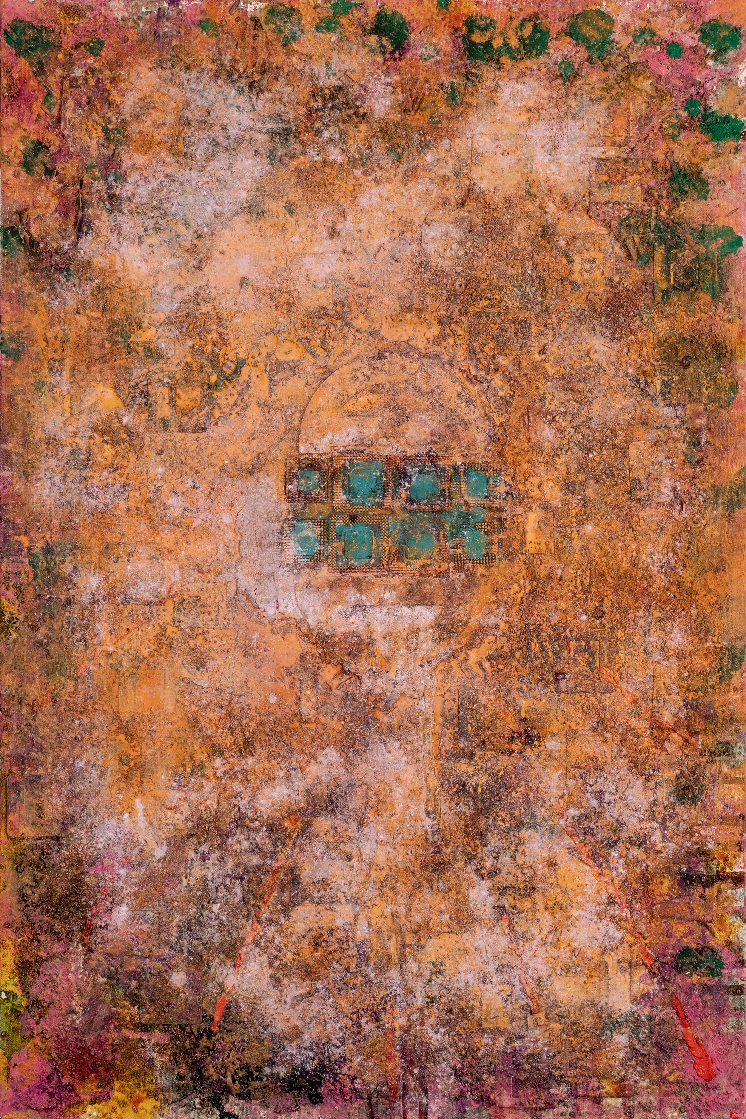 Abstract painting with dominant rusty orange, pink, green, and black colors, with textured layers and square patterns near the bottom.