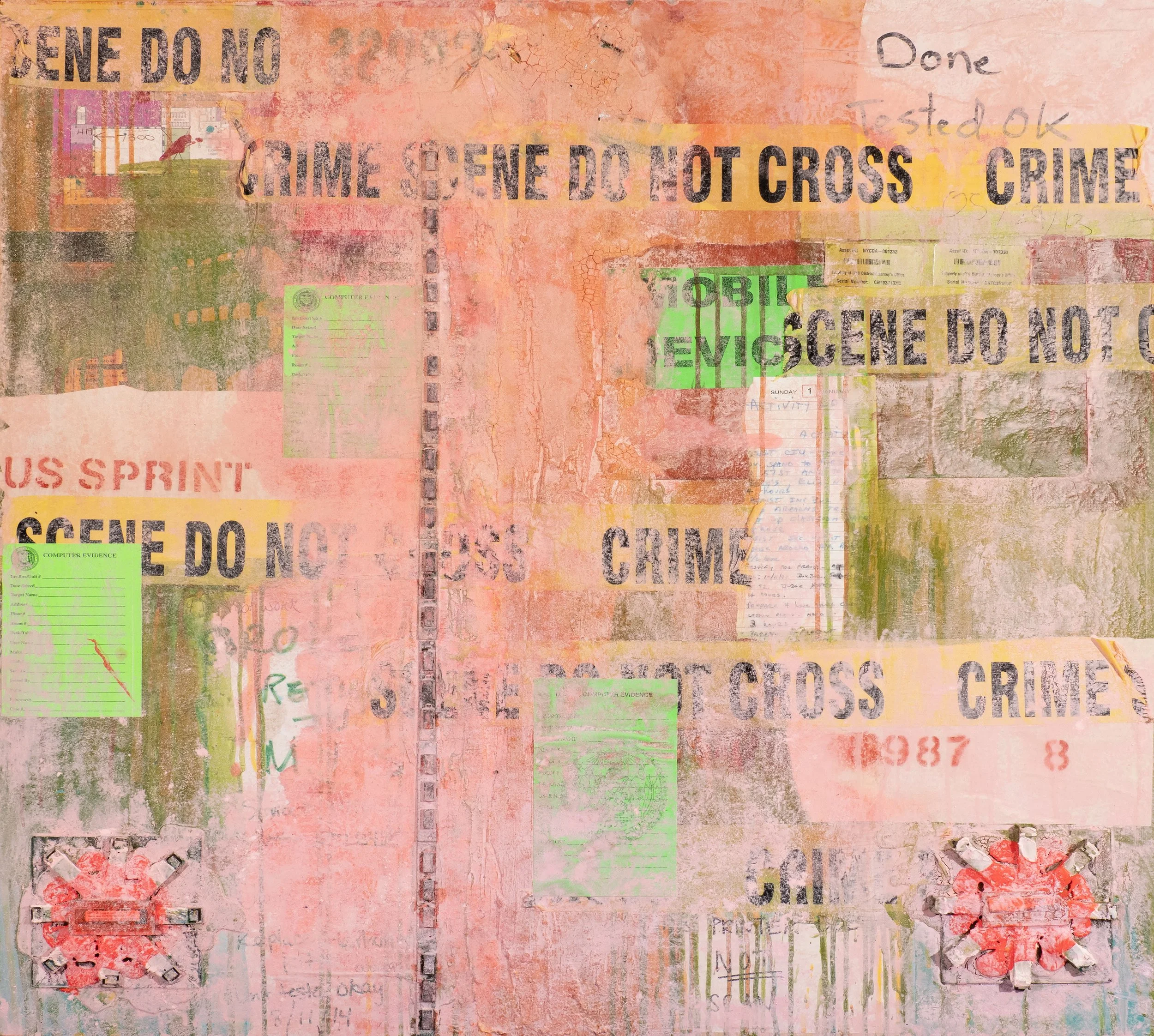 A collage of layered and distressed posters with a law enforcement theme, featuring repeated phrases like 'DO NOT CROSS' and 'CRIME SCENE DO NOT CROSS,' along with various tags, handwritten notes, and colored elements.