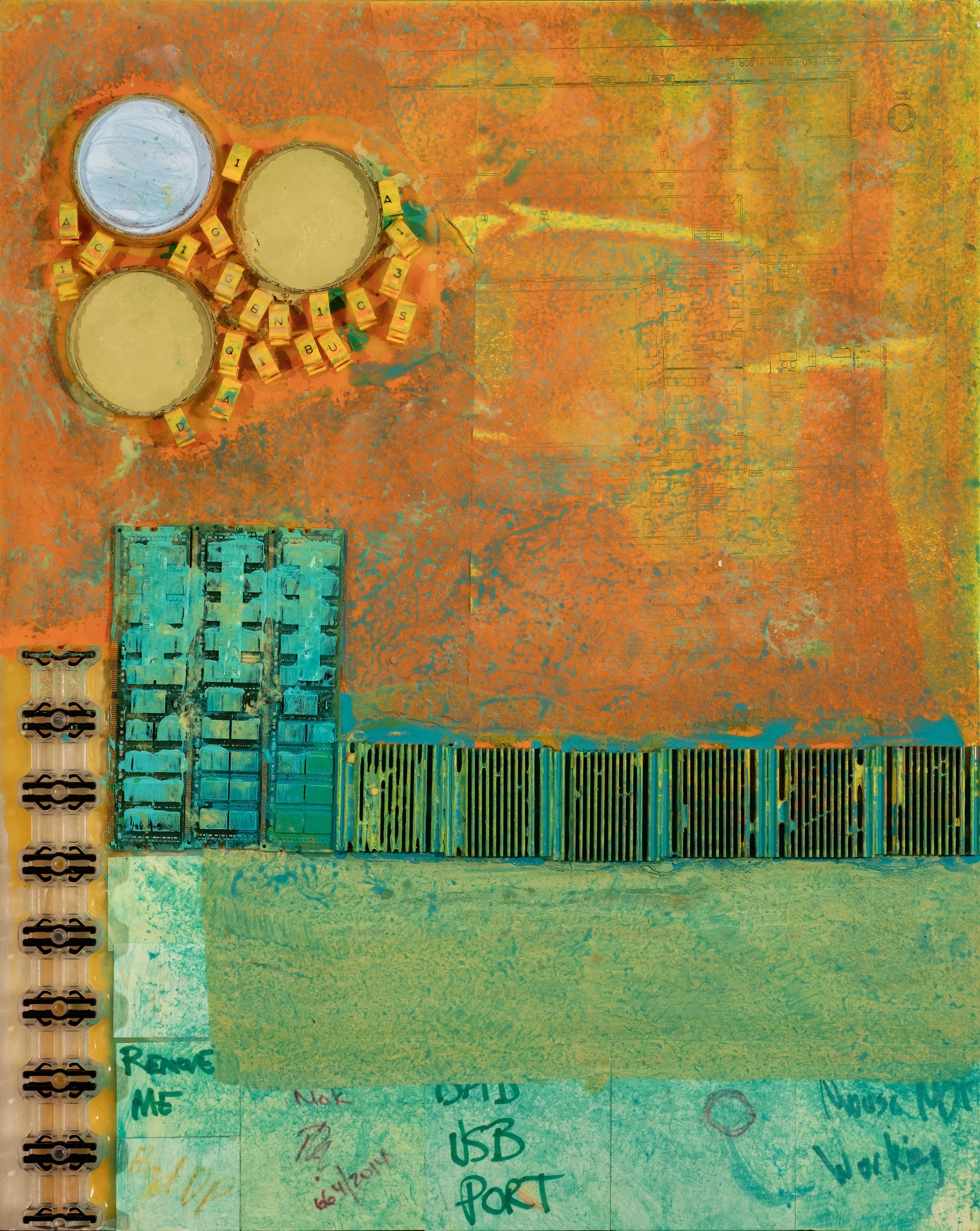 Abstract artwork featuring a collage of various colors, textures, and patterns, including sections with handwritten notes, technical drawings, and a barcode at the bottom.