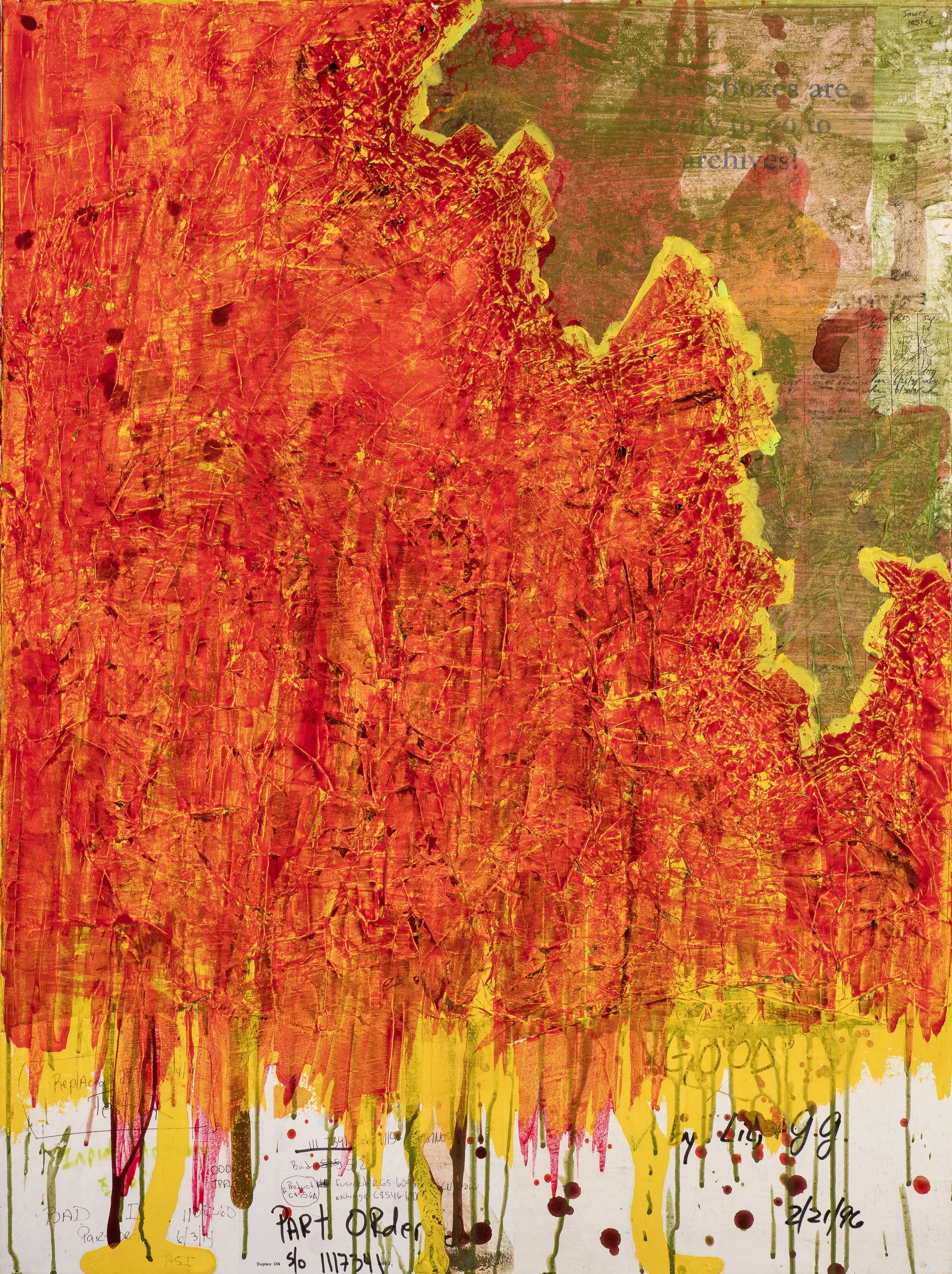 Abstract artwork featuring vibrant red, yellow, and orange paint splashes and drips on a canvas with handwritten notes and numbers at the bottom, including the words 'Part Order' and a date '2/21/96'.