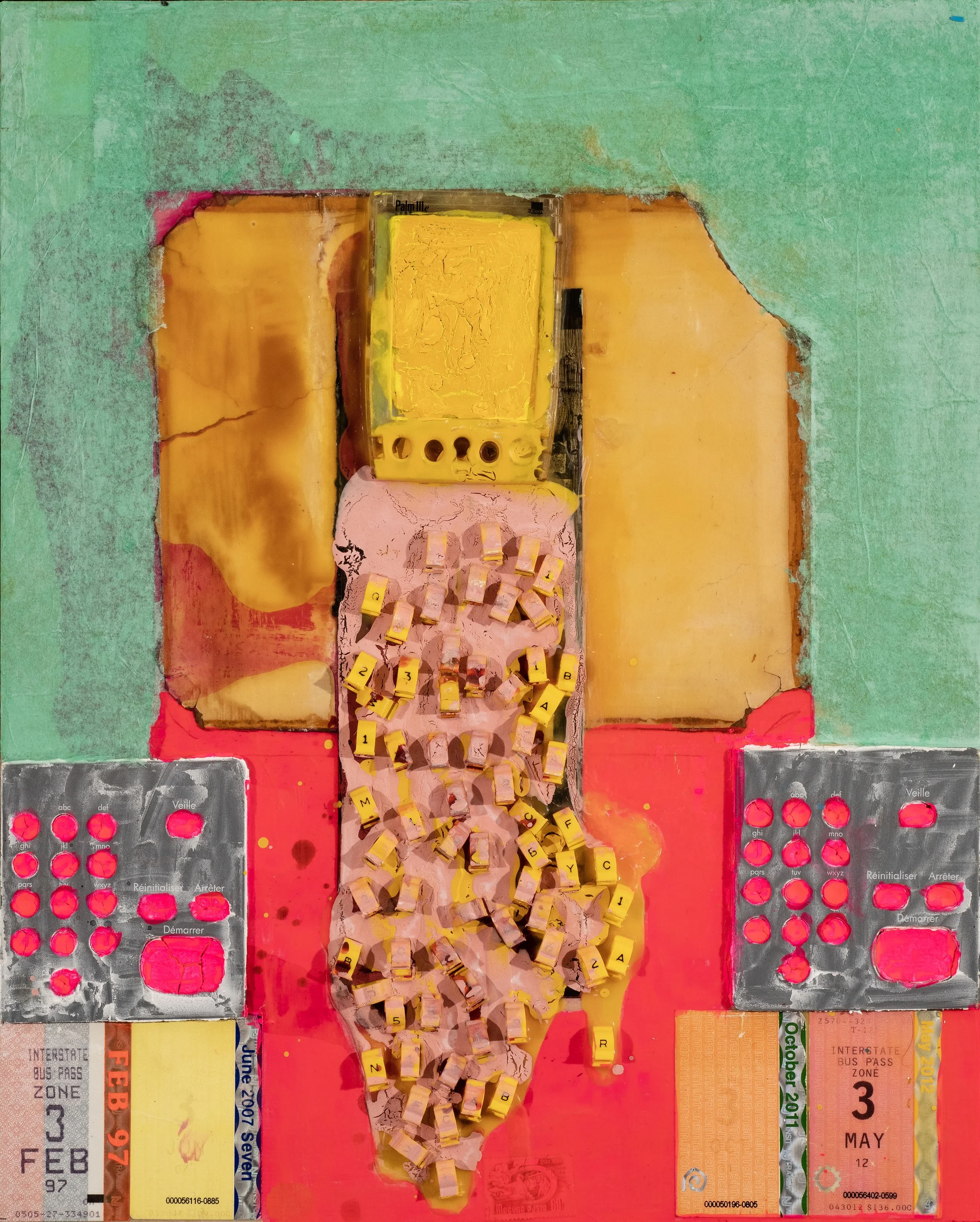 Abstract artwork featuring a torn travel ticket with various dates and stations, a yellow display device resembling a phone with a yellow background, and a cluster of small yellow blocks with black and red markings. The background has a mix of green,