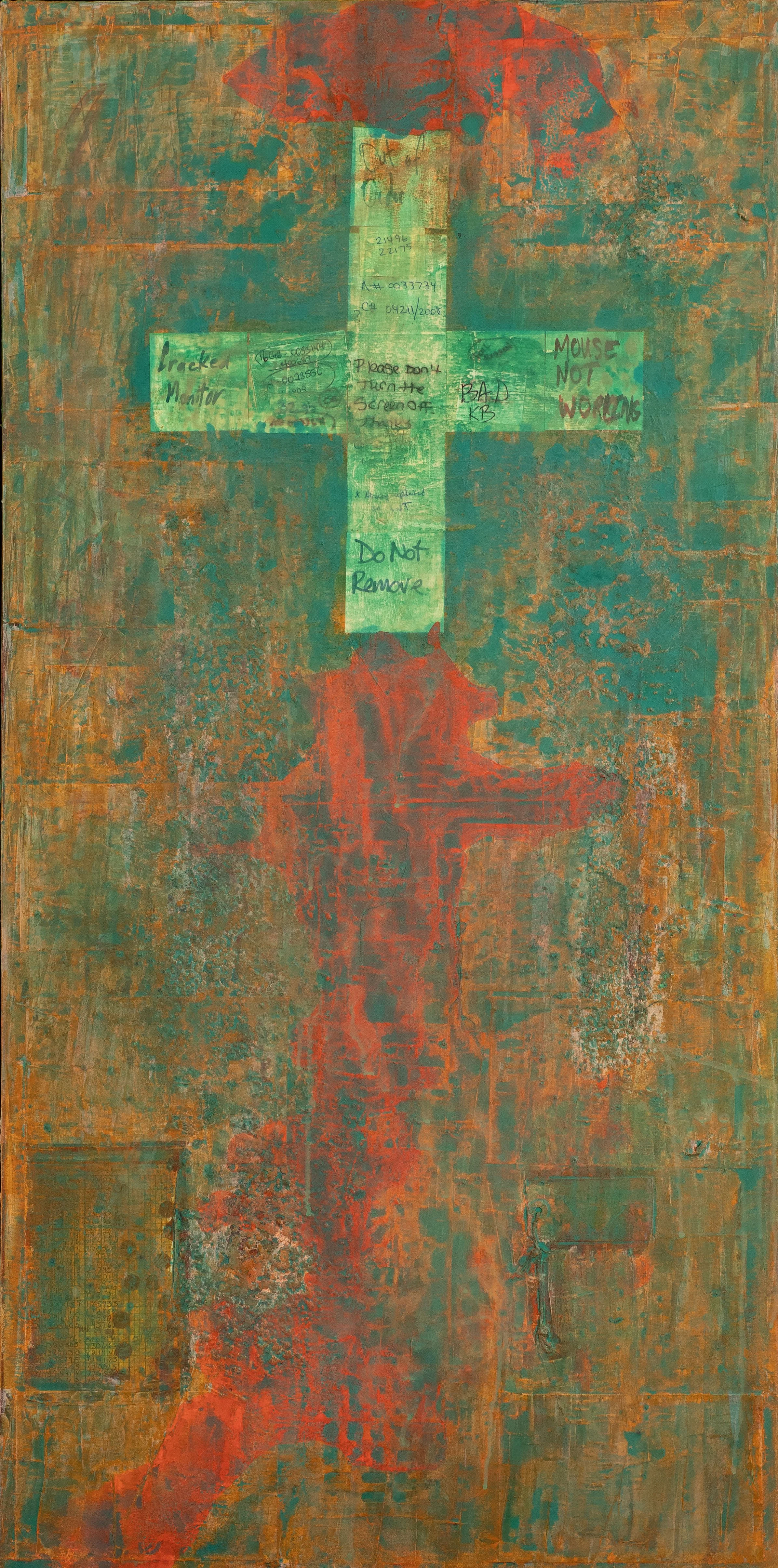 An abstract painting with a green cross at the center, containing handwritten notes and warnings. The background has textured orange and green patches. The text on the cross includes phrases like 'Do Not Remove,' 'Mouse Not Working,' and other handwr