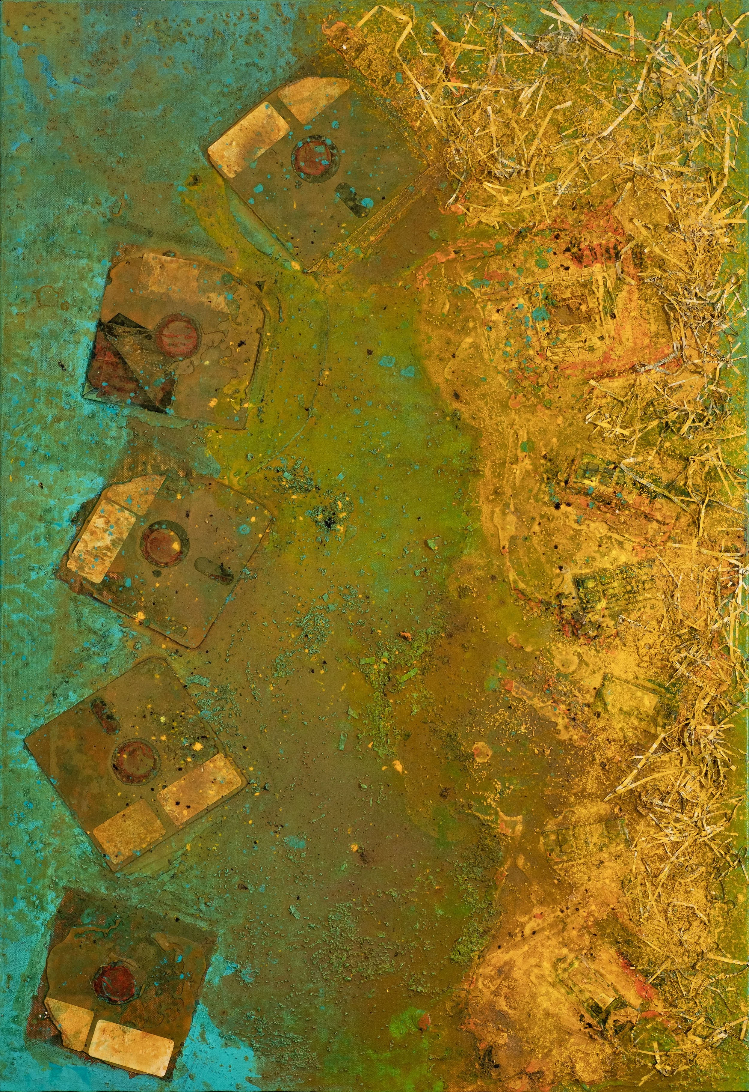 Close-up of weathered, rusty metal objects and debris on a colorful, textured surface with shades of green, yellow, and orange, with dried grass on the right side.