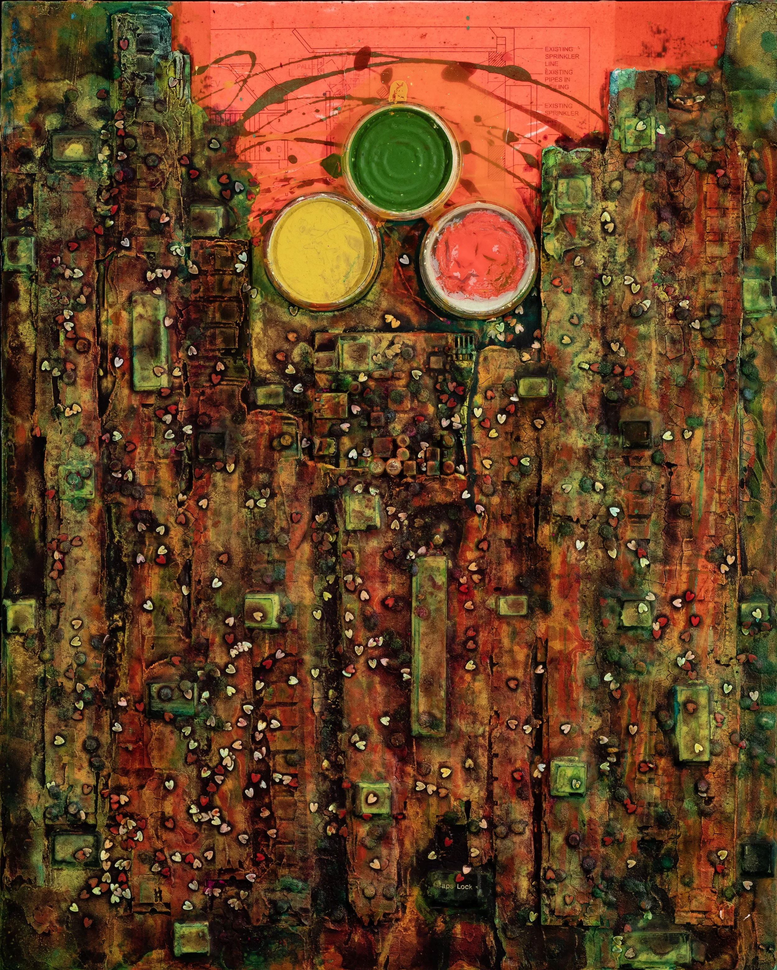 Abstract painting of cityscape with fiery reds, greens, and earth tones, featuring three glass cups of vibrant colors green, yellow, and pink, set on a textured, multicolored surface with scattered small heart-shaped elements.