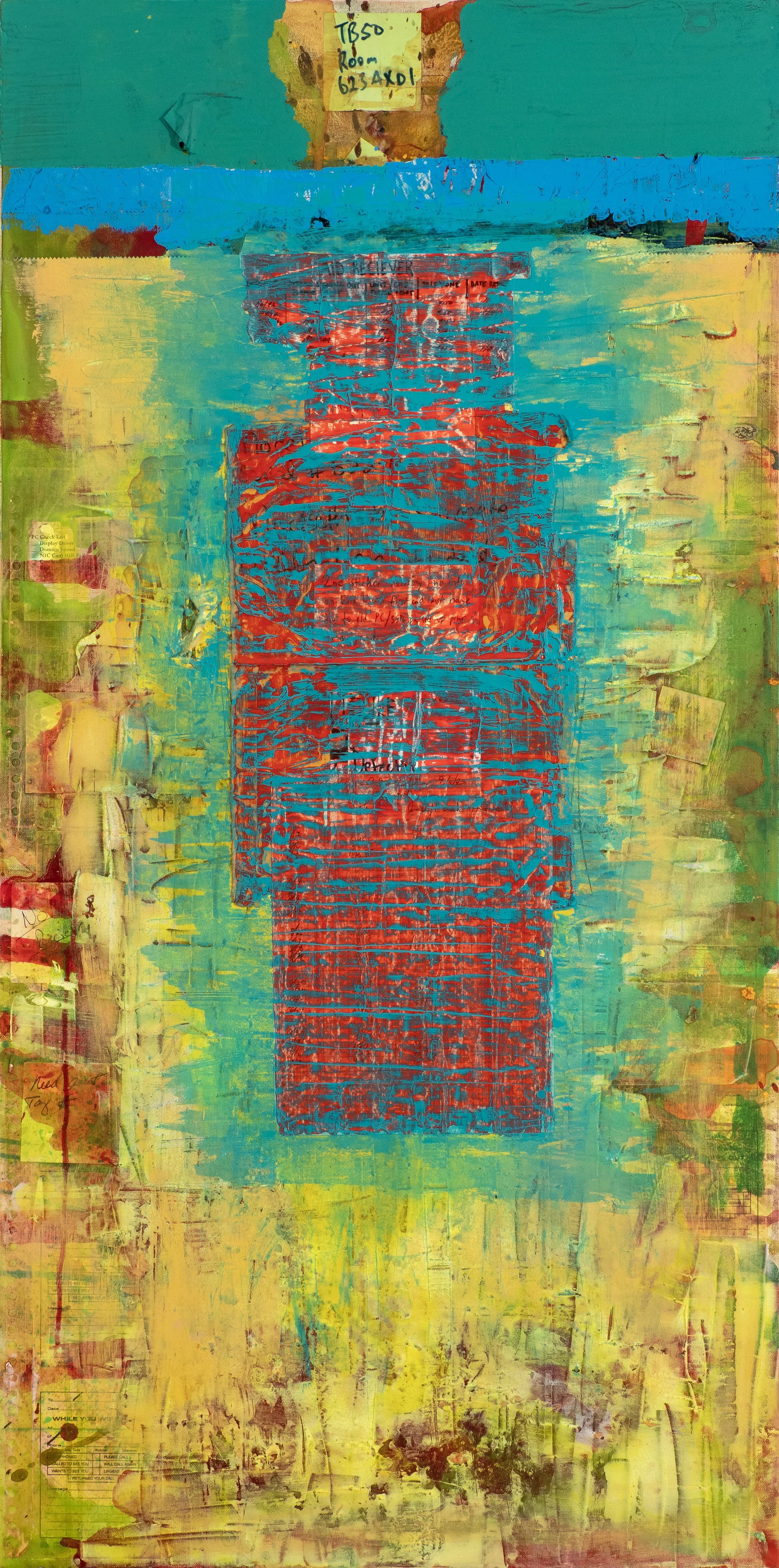 An abstract artwork with vibrant colors, featuring a central rectangular red pattern layered over a background of yellow, green, and blue hues.