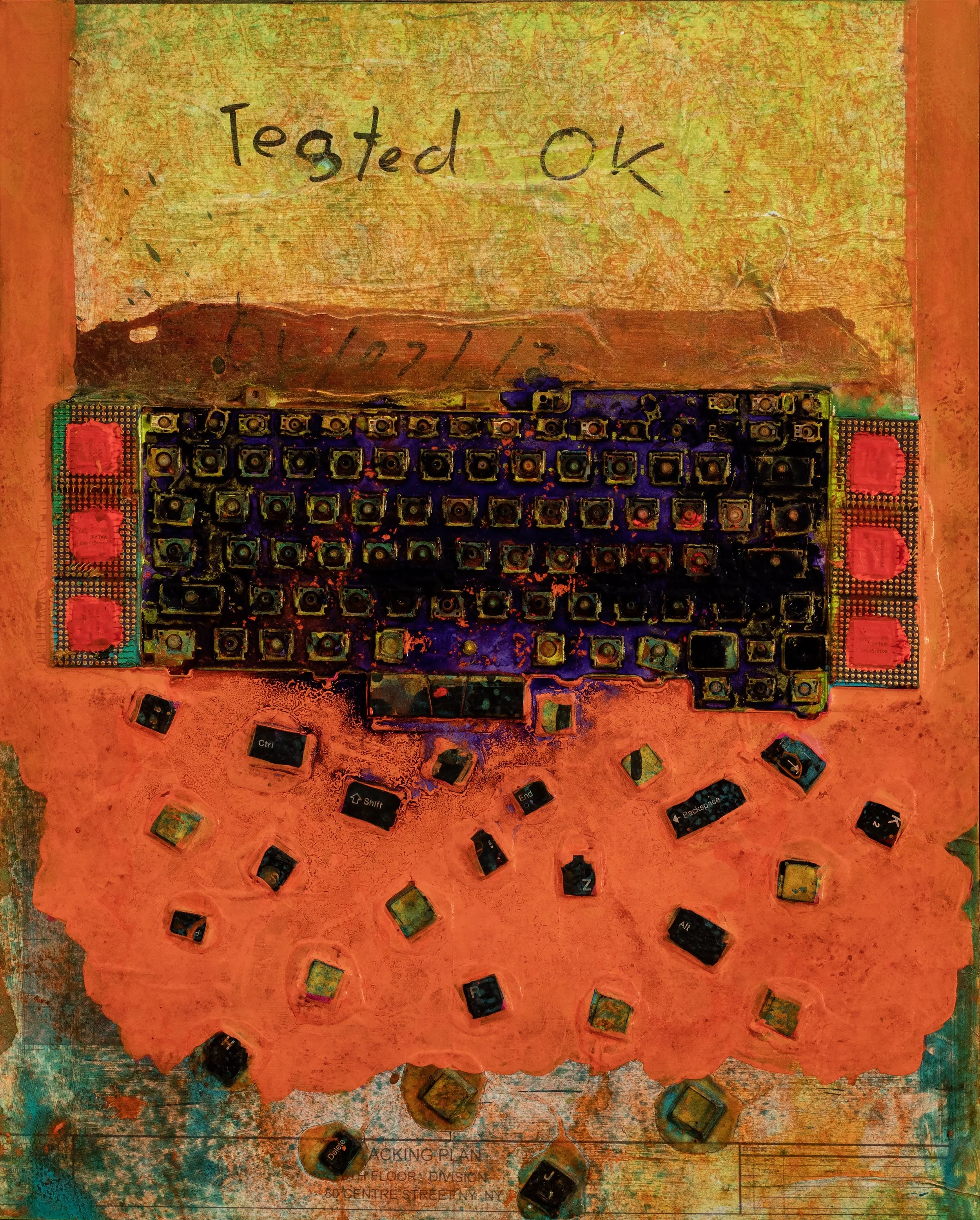 A colorful, abstract collage of a computer keyboard, a construction or blueprint paper, and scattered keyboard keys, with a mix of vibrant colors and textures.