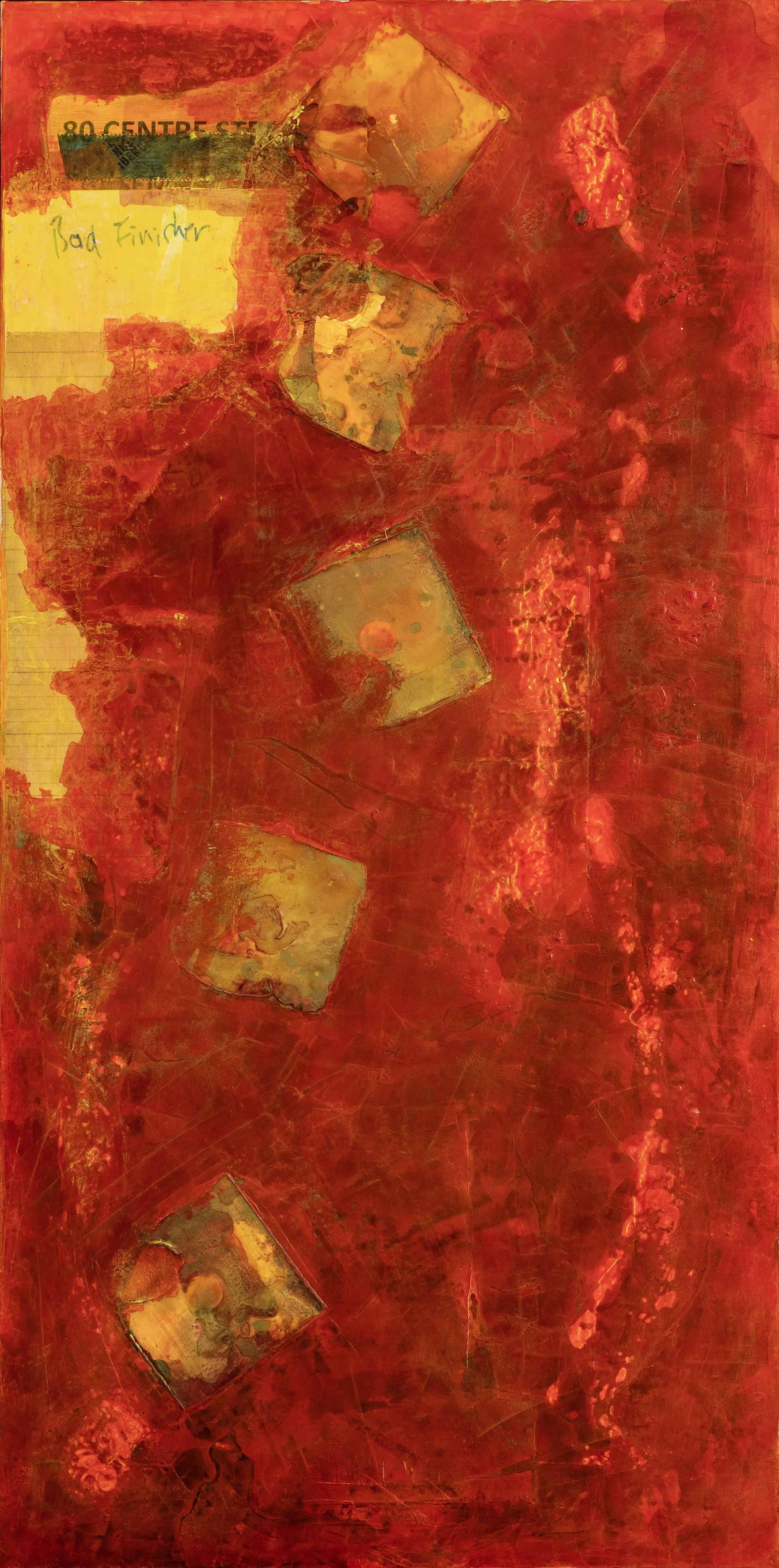Abstract painting with a predominantly red background, featuring four irregularly shaped patches with mixed yellow, brown, and gray tones, alongside a yellow label with handwritten text and a small partially visible printed text in the top left corne
