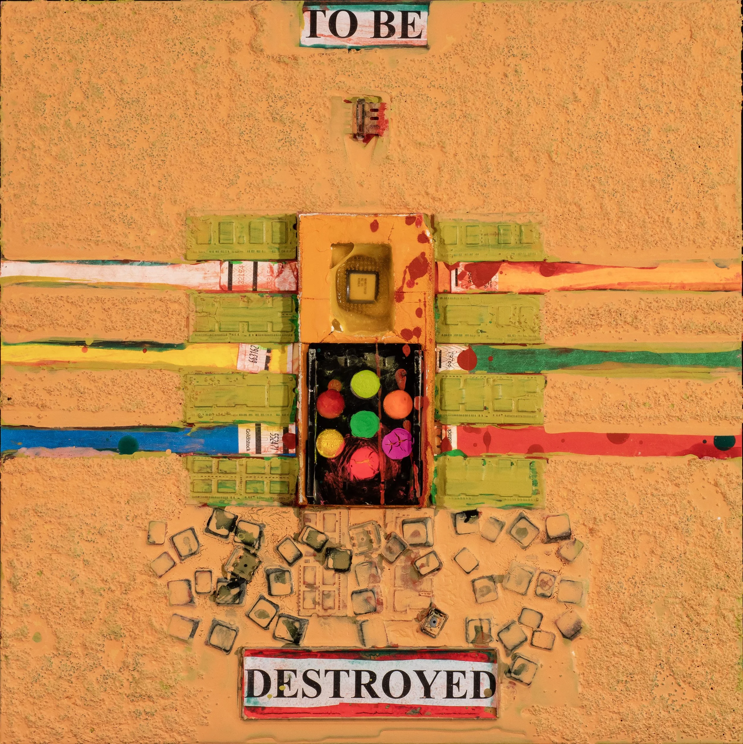 A yellow wall with a sign that says 'TO BE DESTROYED' in black letters and note that the sign has peeling and damage.