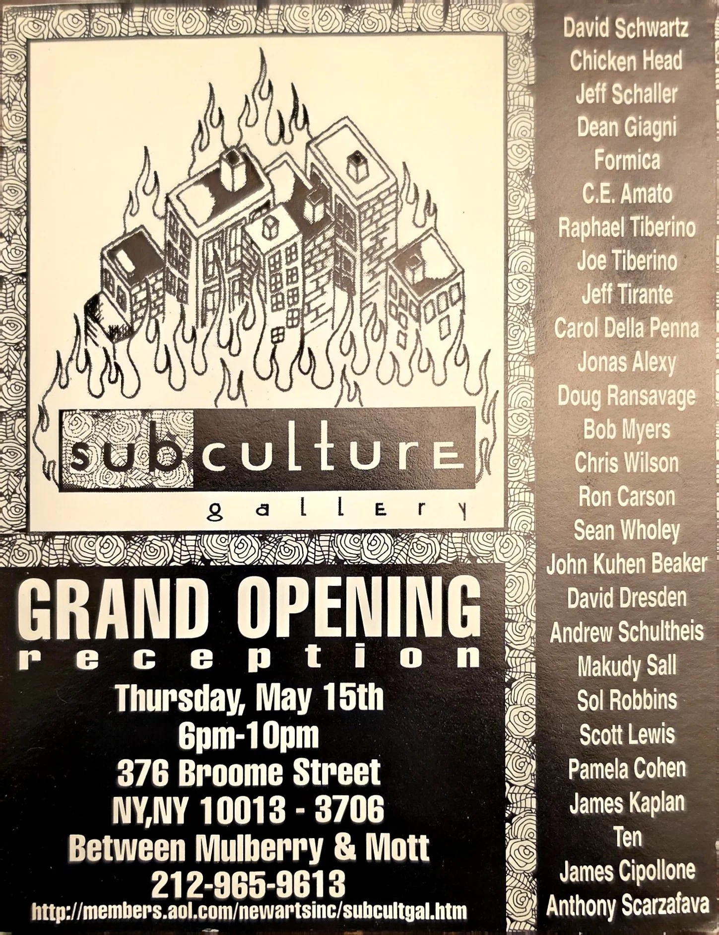 Grand opening reception announcement for Subculture Gallery, 376 Broome Street, New York, featuring Anthony Scarzafava.