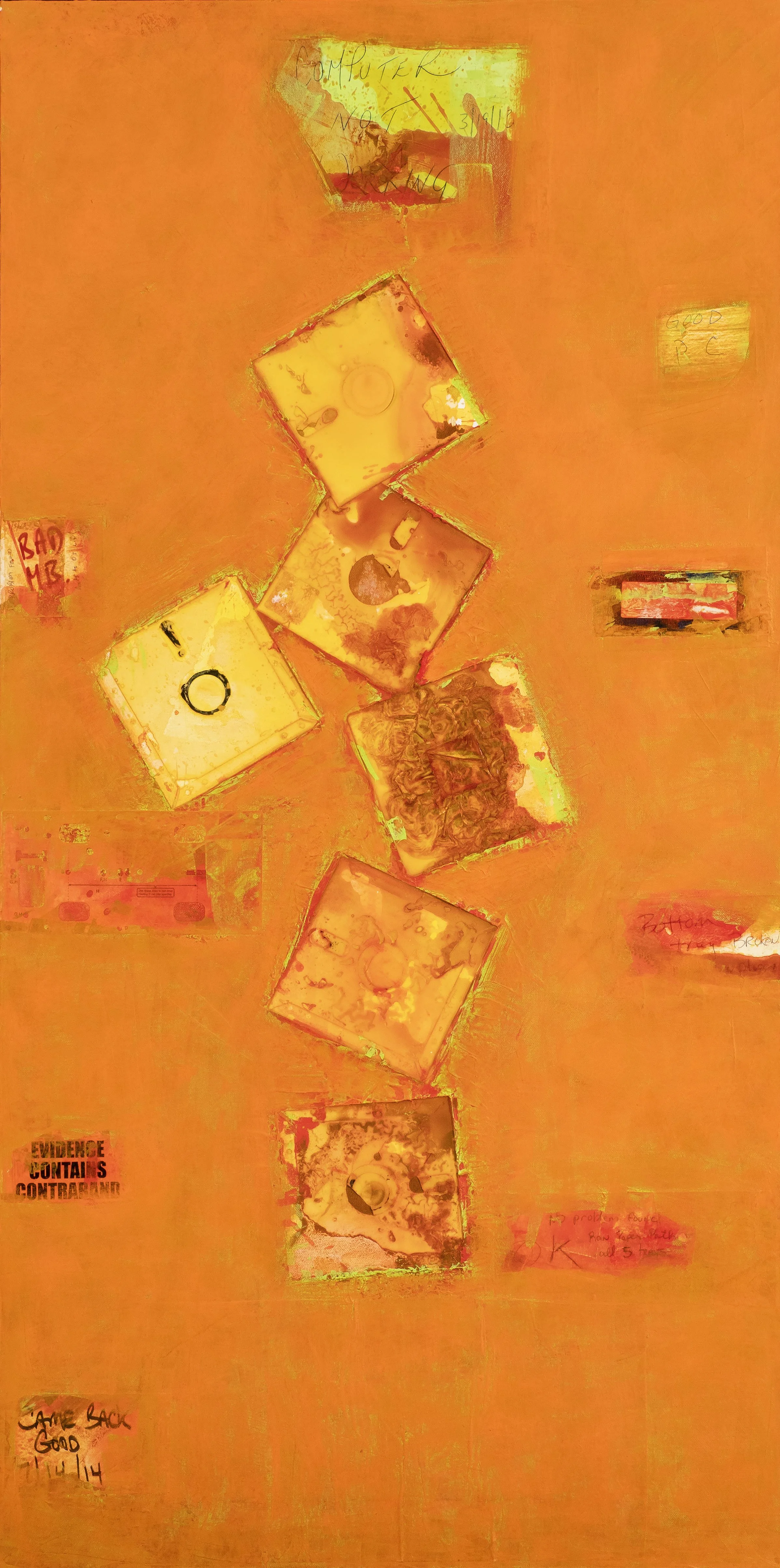 Abstract artwork featuring distorted, colorful images of playing cards and various small sketches and writings on an orange background.