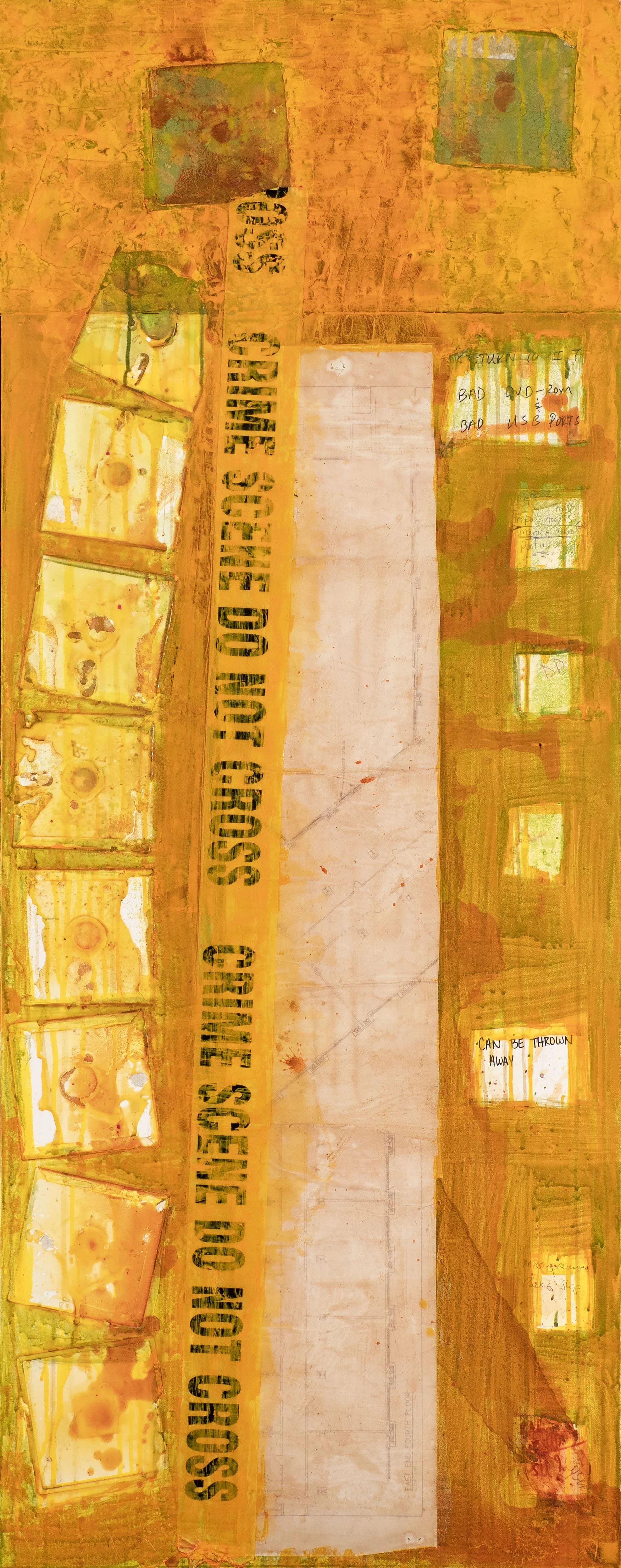 A weathered wall with mixed media art, including orange and yellow hues, and various text and images, such as a row of rectangular shapes, handwritten notes, and stencil text reading 'THE GOOSE JOE' repeated vertically.