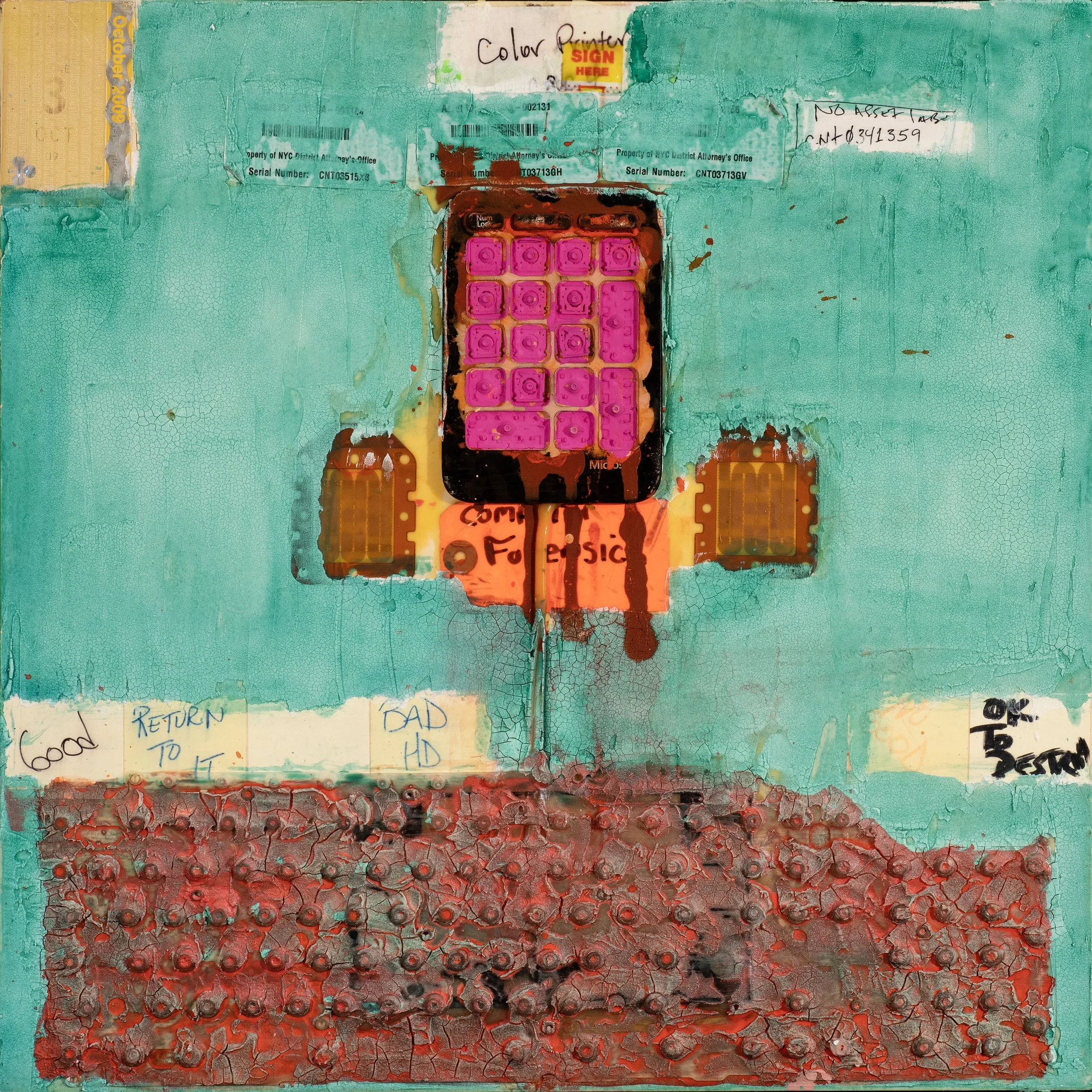 Artistic mixed media artwork featuring a turquoise background with cracked paint, red textured bottom section resembling a honeycomb pattern, and a central depiction of a pink calculator or keypad. There are handwritten notes and labels, including a 