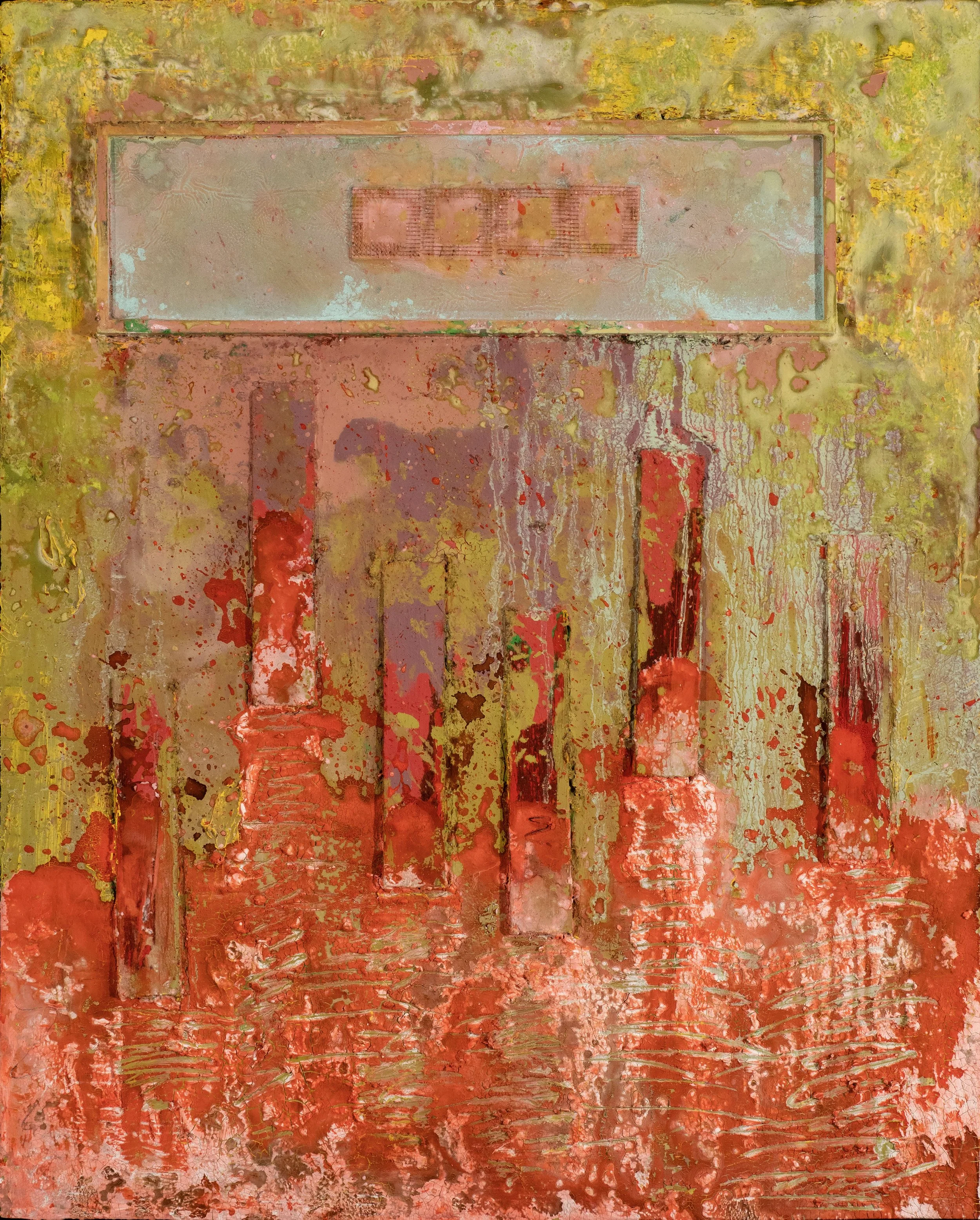 An abstract piece of art featuring a mix of red, pink, yellow, green, and gray colors with textured and layered appearance.