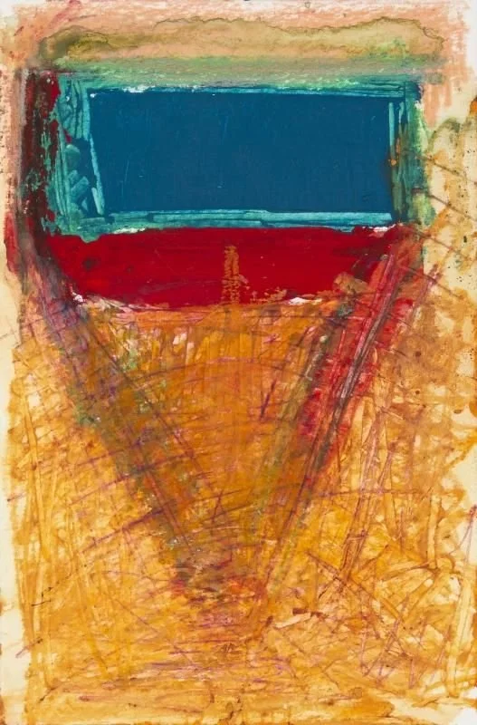 Abstract colorful painting with a blue top section, a red middle section, and an orange lower section with scribbles and streaks.