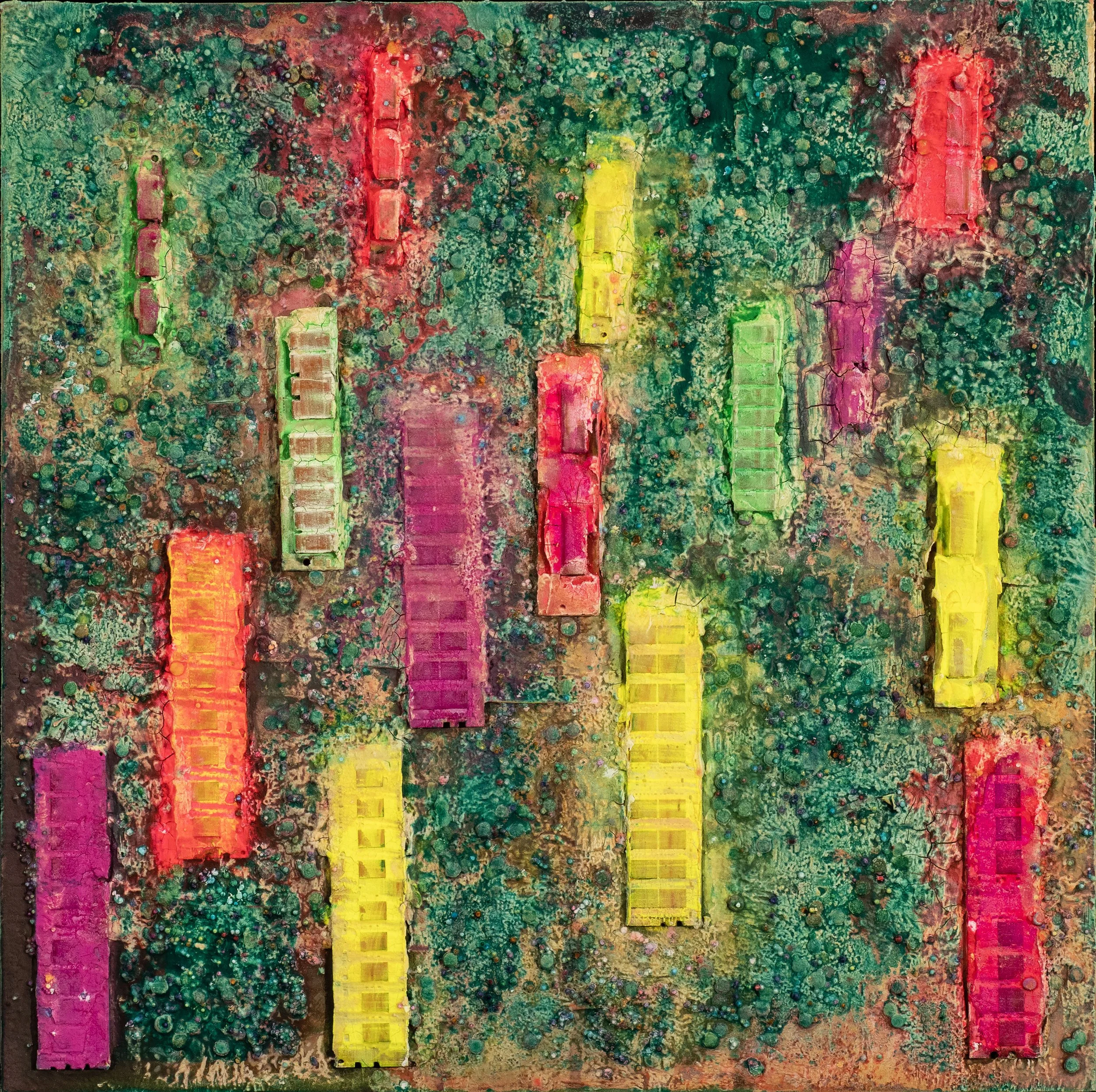 Colorful abstract artwork with vibrant streaks of pink, yellow, and red on a textured green background with circular patterns and cracks.