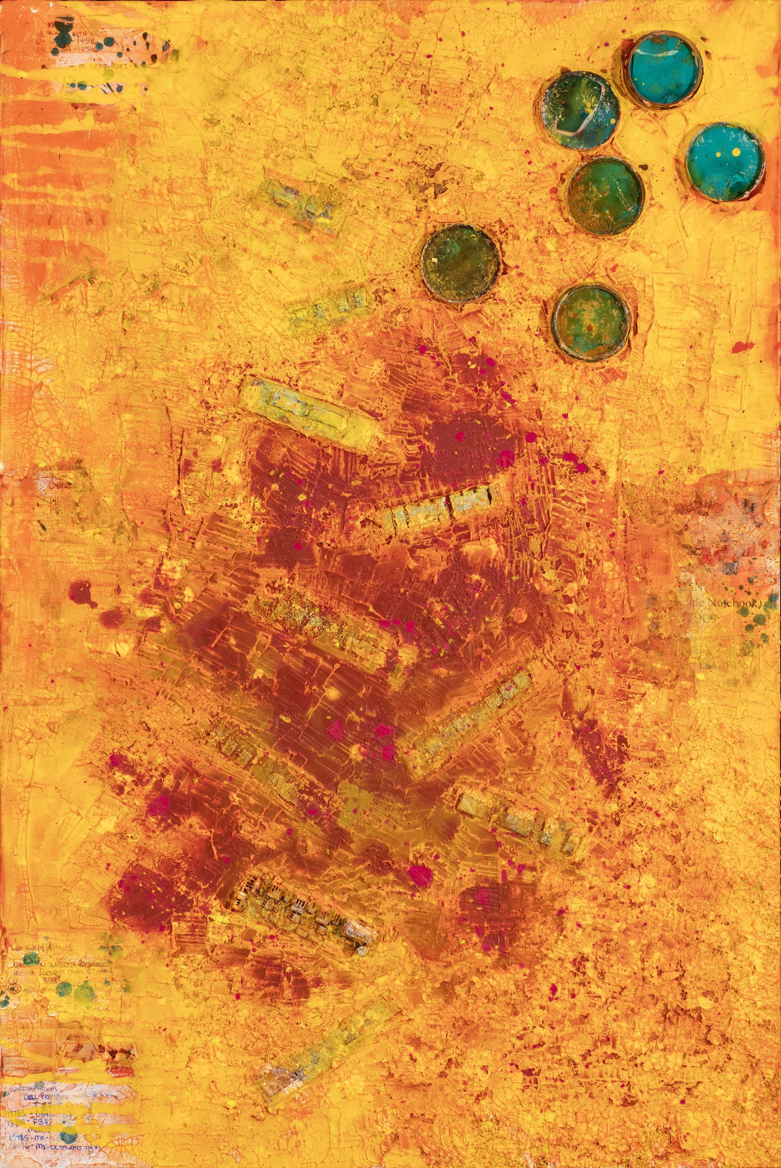 Abstract painting with vibrant yellow, orange, and red hues, featuring textured brushstrokes, signs of collage, and five circular teal shapes near the top right.