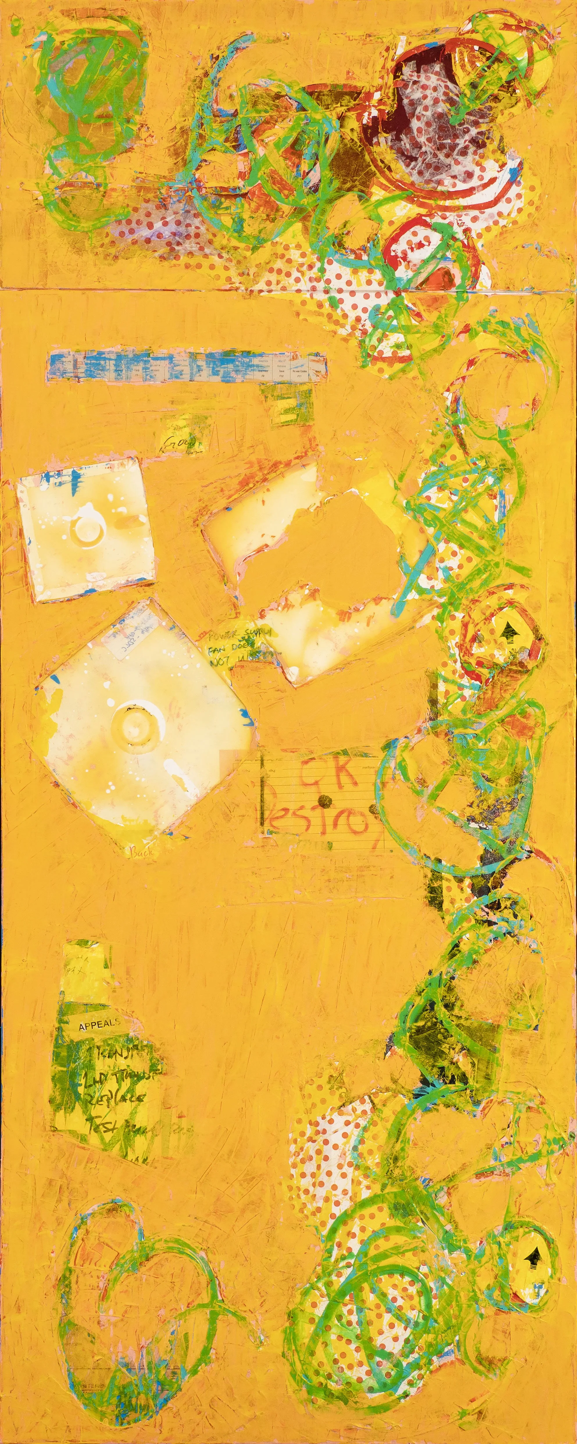 Abstract mixed media artwork with a bright yellow background, green spiral shapes resembling DNA strands, and various cut-out paper elements including CDs, handwritten notes, and stickers.