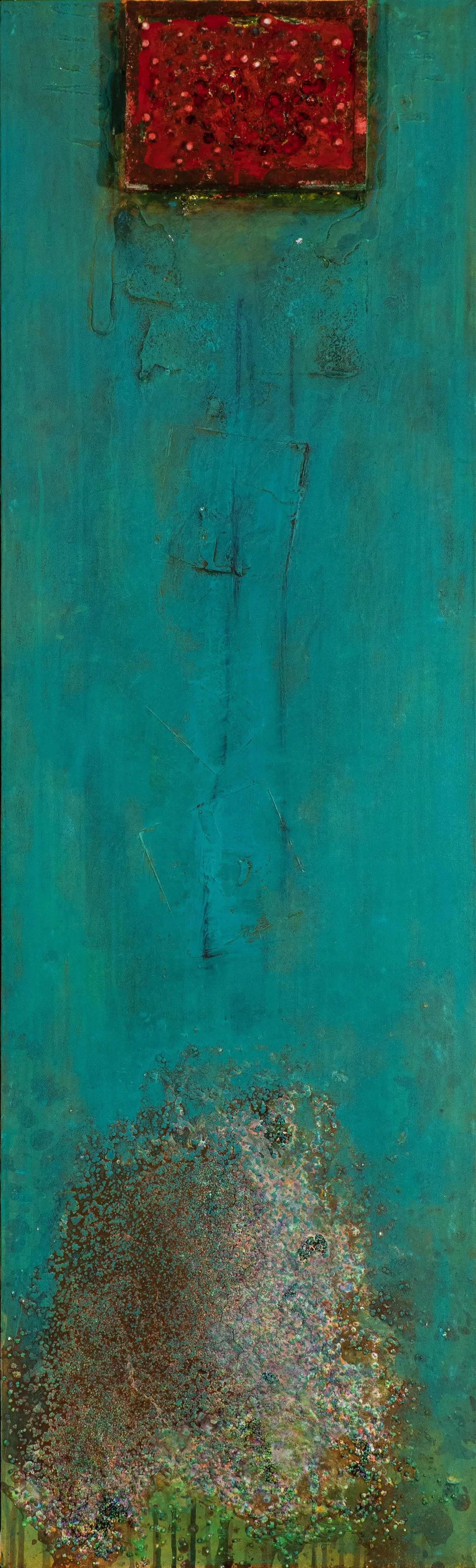 An abstract painting with a teal background, a red textured square near the top, and a large, multicolored, textured shape resembling a cluster of dots at the bottom.