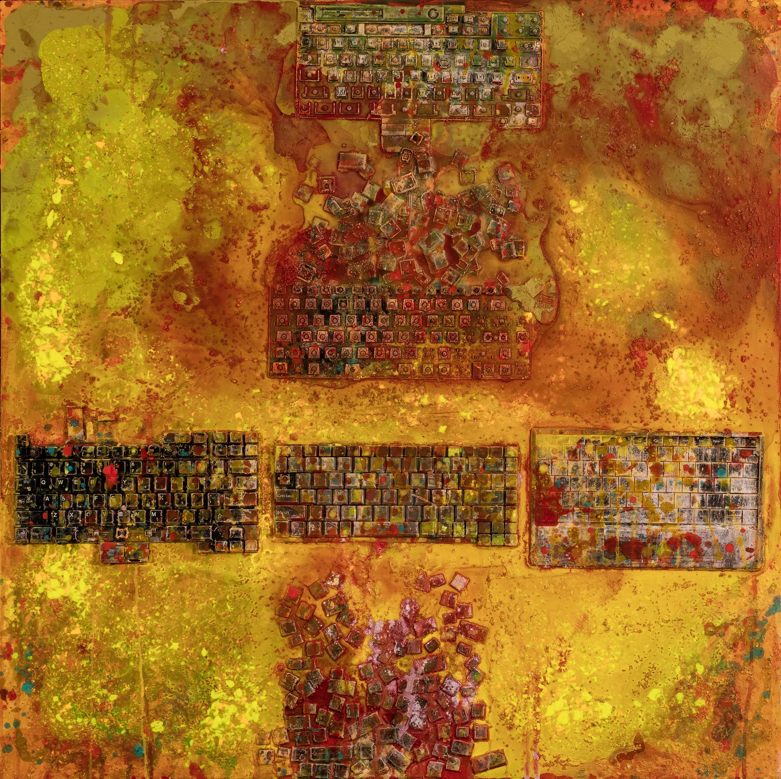 Abstract artwork featuring a large Golden Yellow background with colorful splatters, drips, and textured squares arranged vertically in the center.