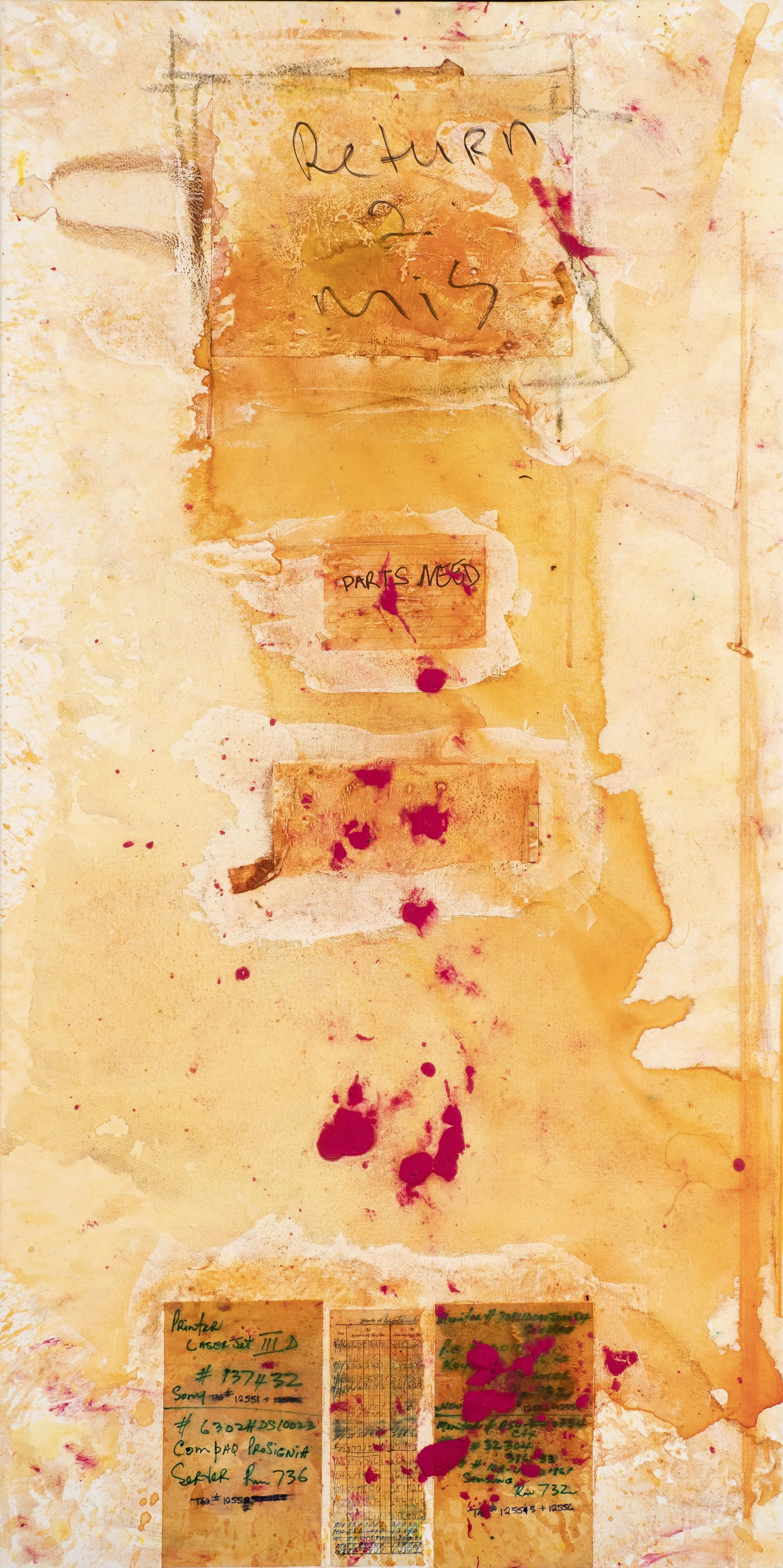 Abstract mixed-media artwork with handwritten text, paint splatters, and layered papers in warm tones of orange, yellow, and red. The prominent handwritten words are 'Return' at the top, 'mis' in the middle, and 'Part as needed' on a smaller paper at