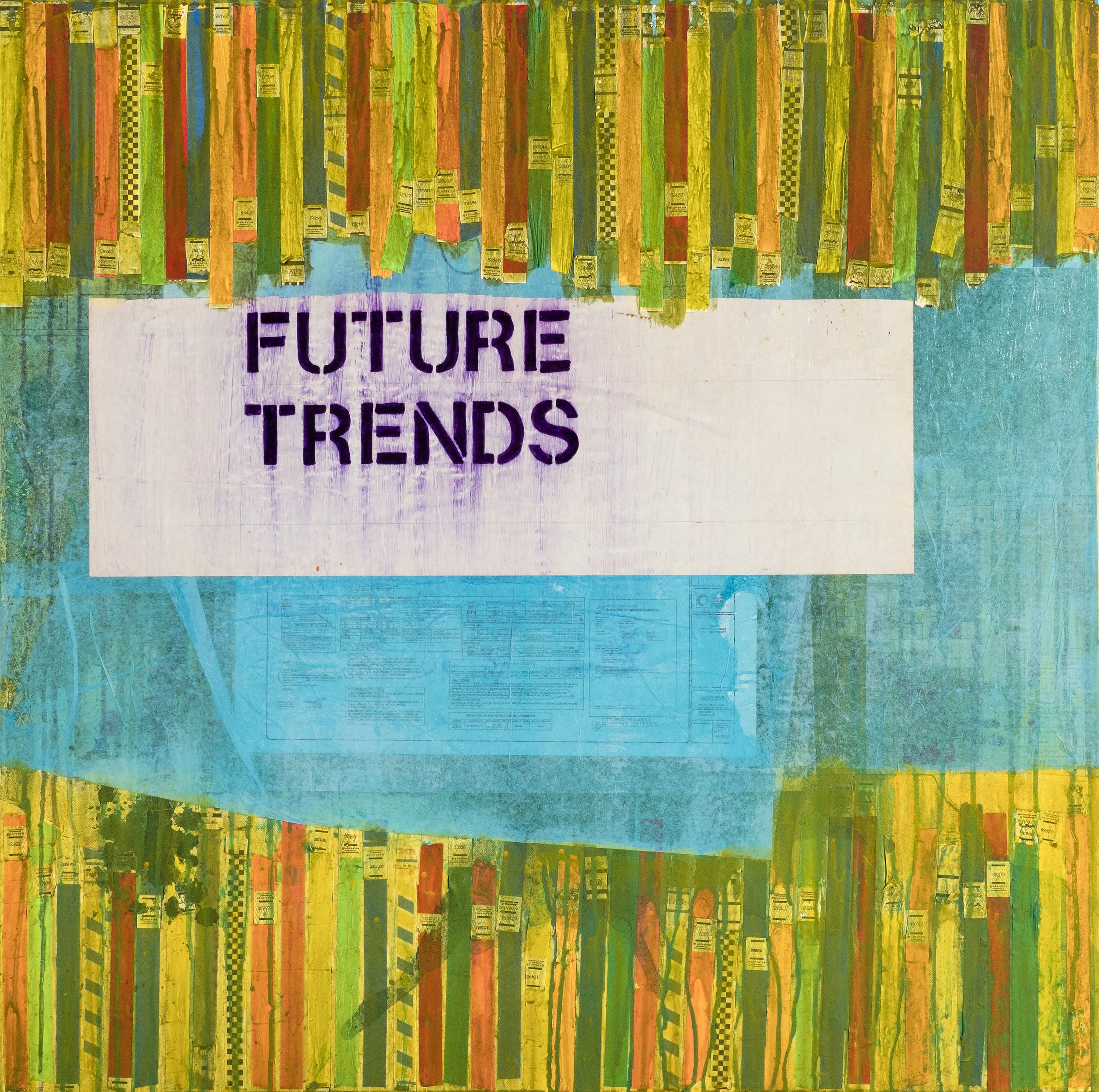 Colorful abstract artwork with vertical stripes in yellow, green, orange, blue, and red, with some black and white checkered patterns, and a white section with purple text that reads 'FUTURE TRENDS'.