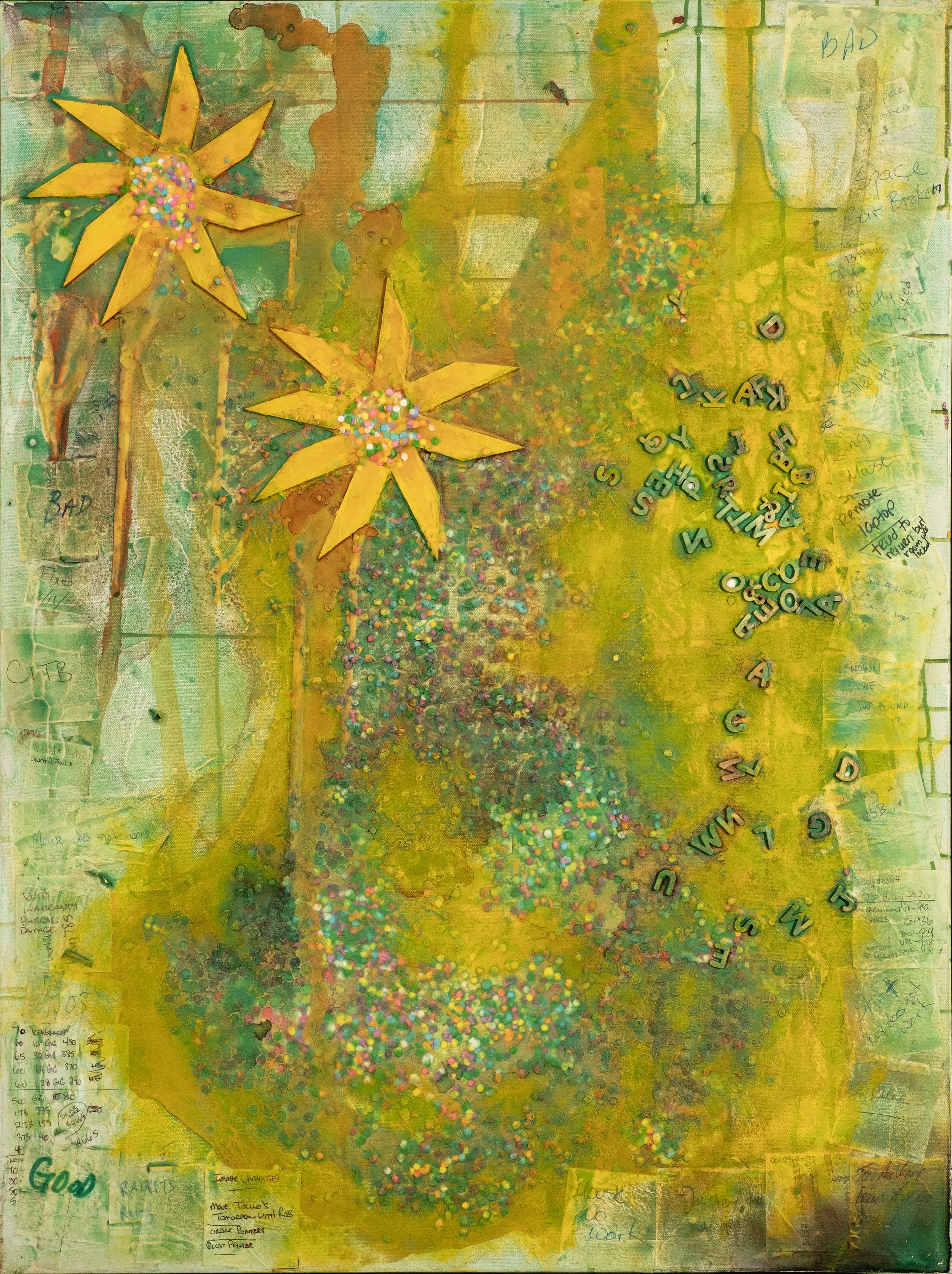 An abstract mixed media artwork featuring bright yellow star-shaped cutouts with multicolored confetti, scattered across a textured background of green, yellow, and brown hues, with handwritten notes and the word 'Good' written in green.