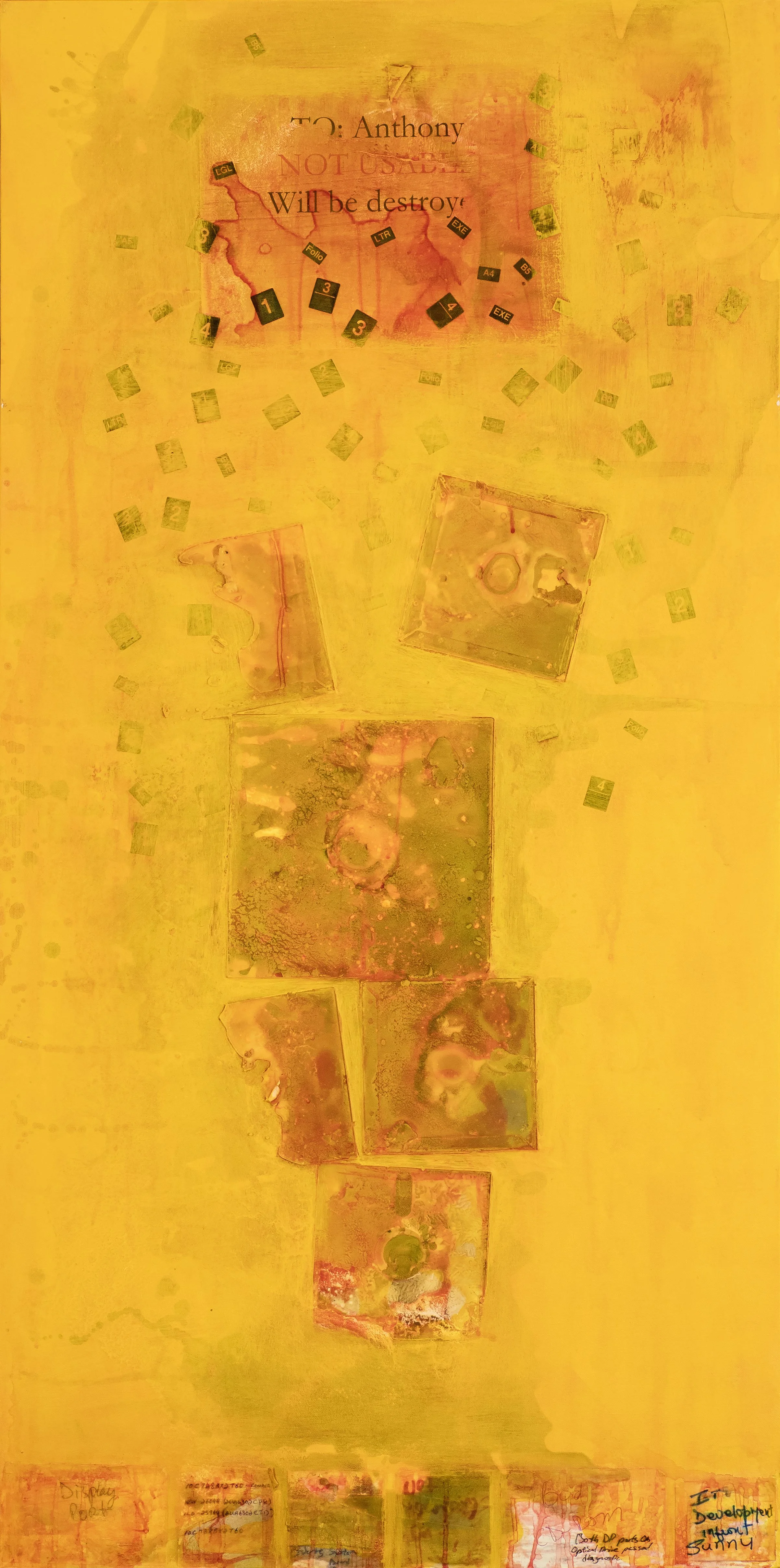 An abstract yellow composition with scattered small rectangular shapes and several larger, textured rectangular blocks down the center. Text in the upper portion reads: "To: Anthony, NOT USED. Will be destroyed." The bottom contains handwritten notes
