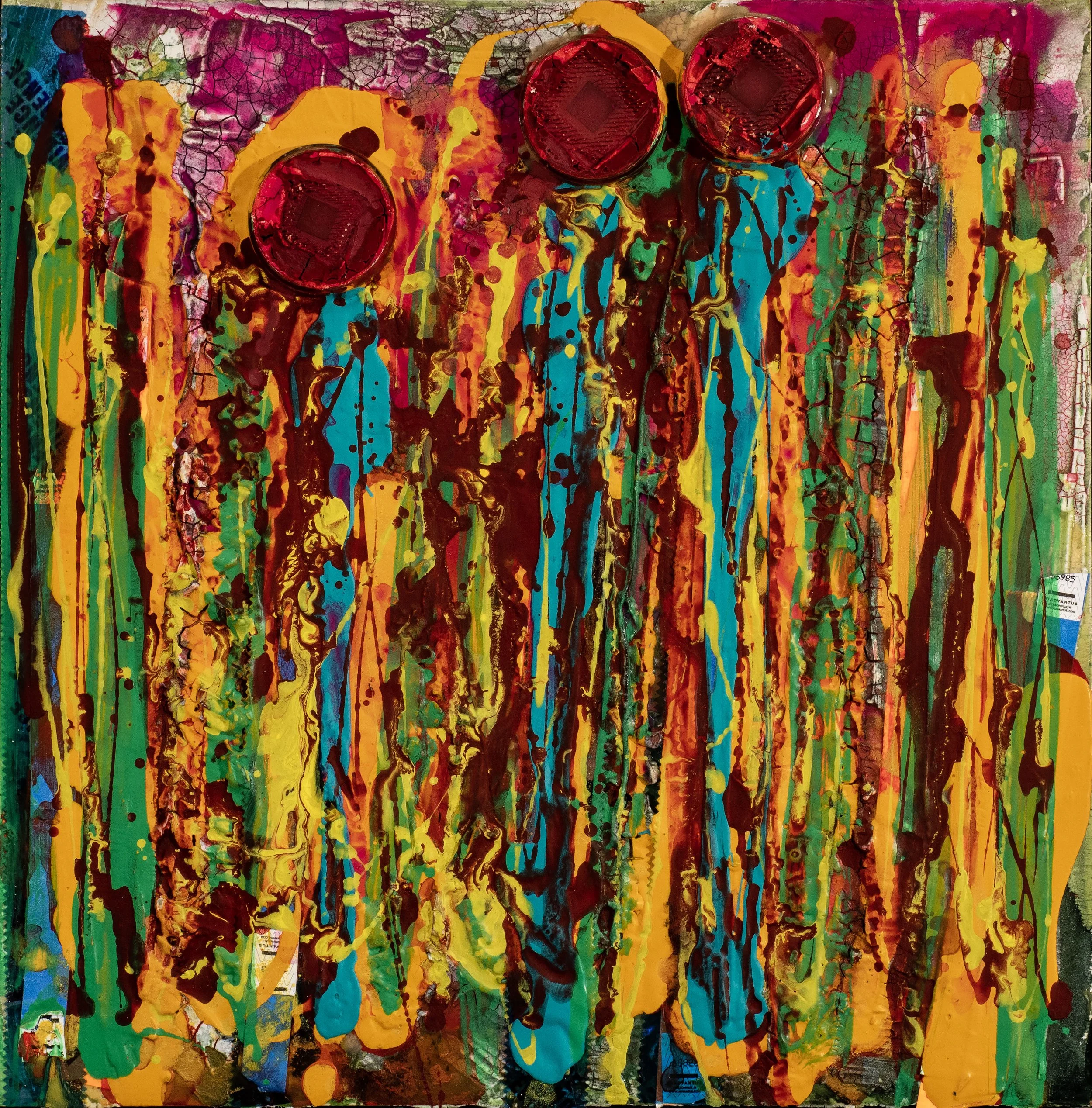 Abstract colorful painting with vertical drips and splatters of paint, including red, yellow, green, blue, orange, purple, and black, with some cracked paint textures and overlapping layers.