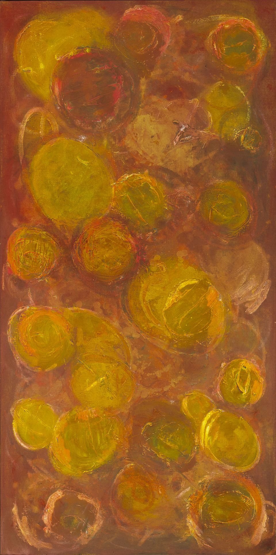 An abstract painting featuring numerous yellow and orange circular shapes on a reddish-brown background.