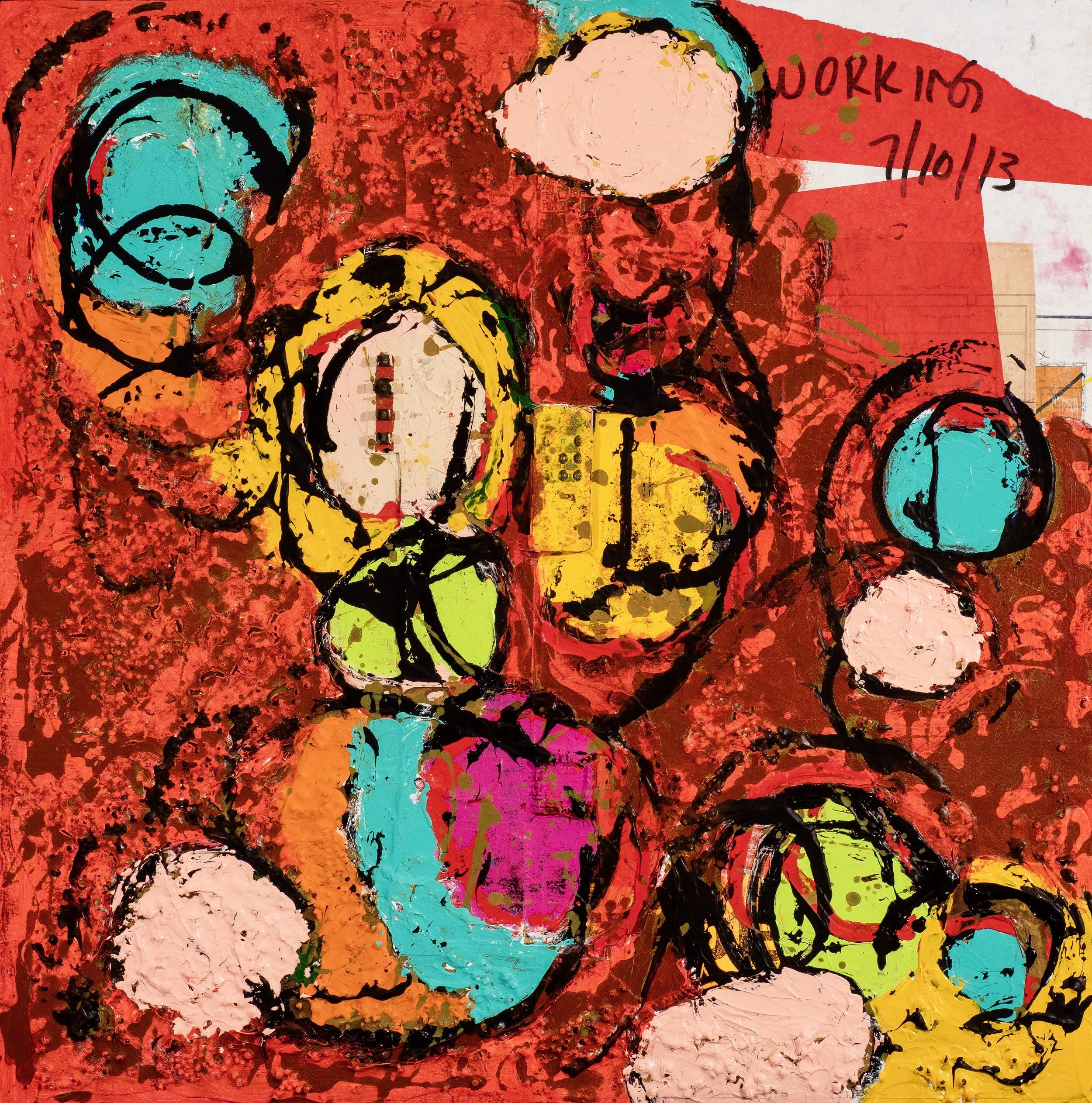 Colorful abstract painting featuring various circles and splashes of bright colors including turquoise, pink, yellow, orange, and red on a predominantly red background. The painting has expressive, bold black outlines and textures. In the top right c