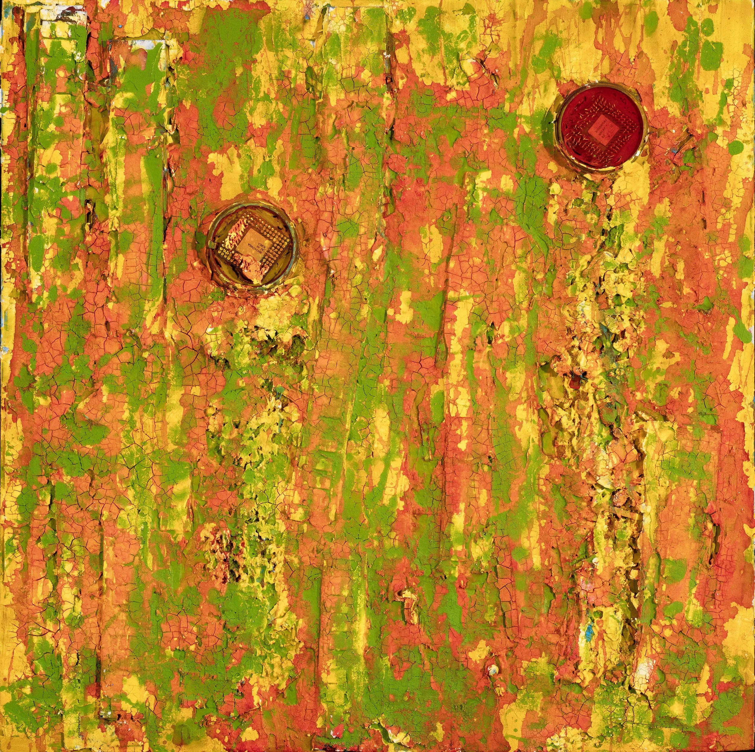 Close-up photograph of peeling and cracked paint on a wooden surface painted in bright yellow, with patches of green and red among the cracks and peeling areas, revealing multiple layers of old paint. There are circular reflective objects embedded in