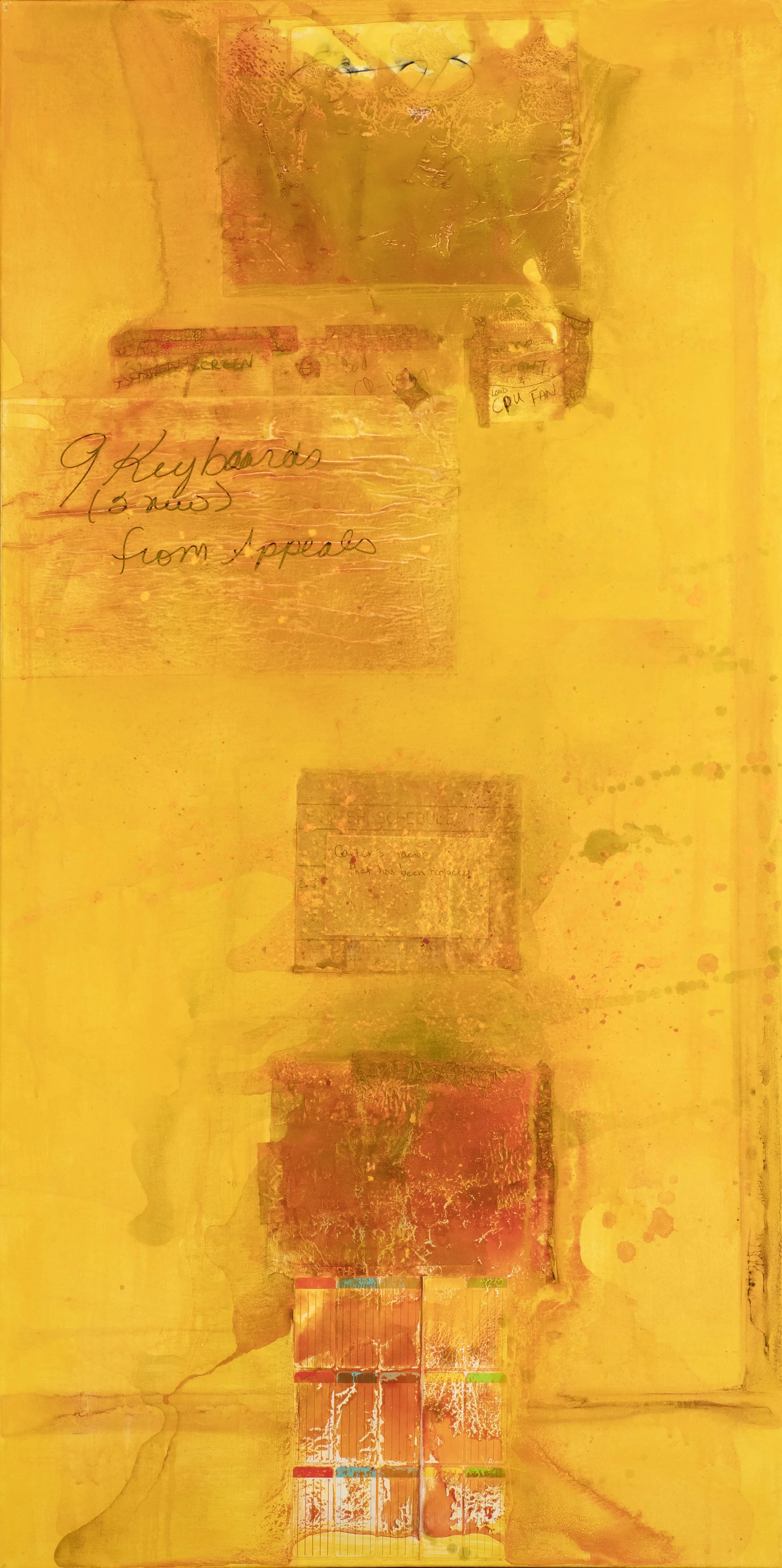 Abstract image with yellow background, featuring handwritten text, computer hardware labels, and a graph or chart in an artistic style.