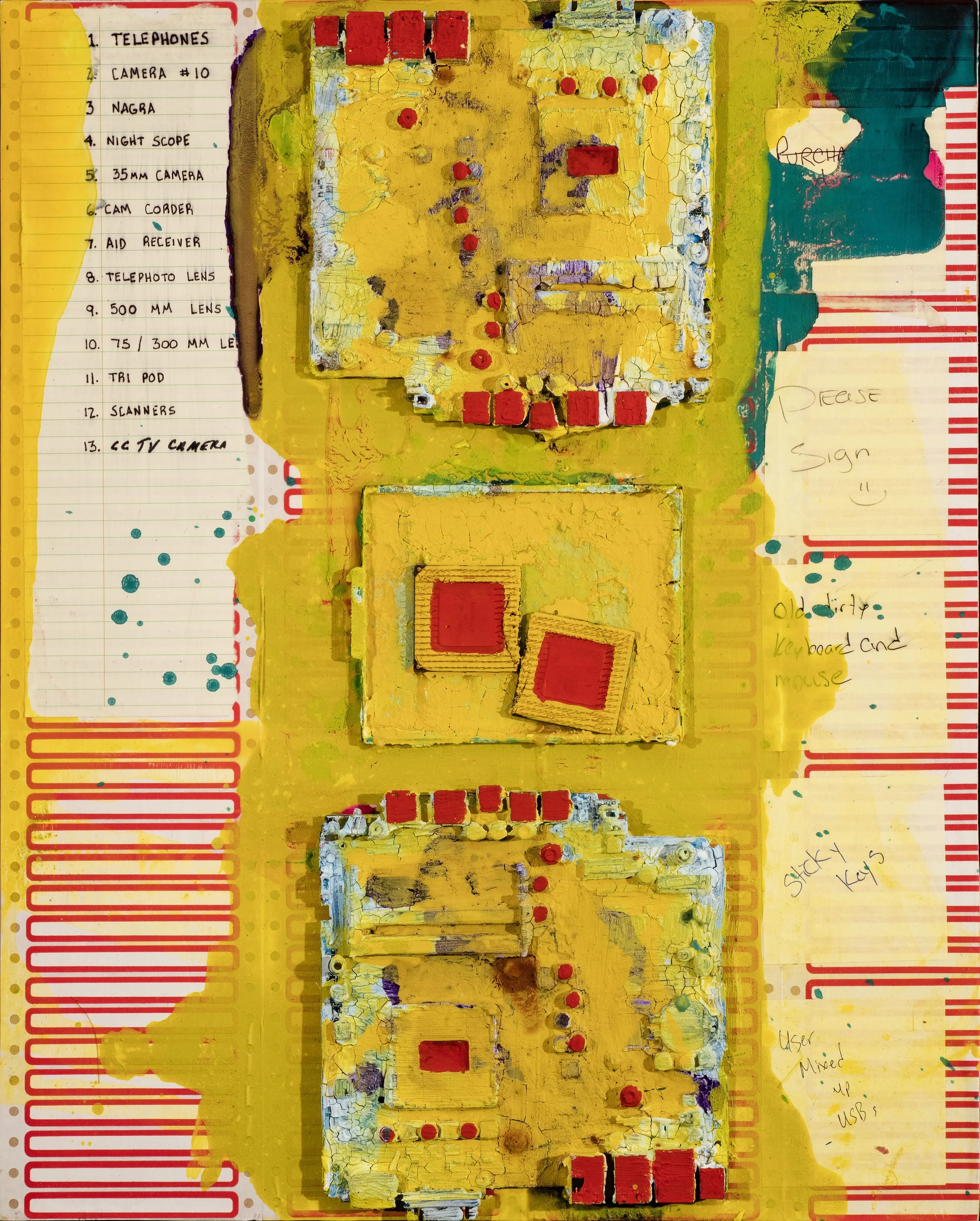 A roughly painted diagram of a circuit board with red square components, yellow, purple, white, and black painted regions, and some handwritten labels. On the left side, a list of items including telephones, camera, night scope, and various camera le