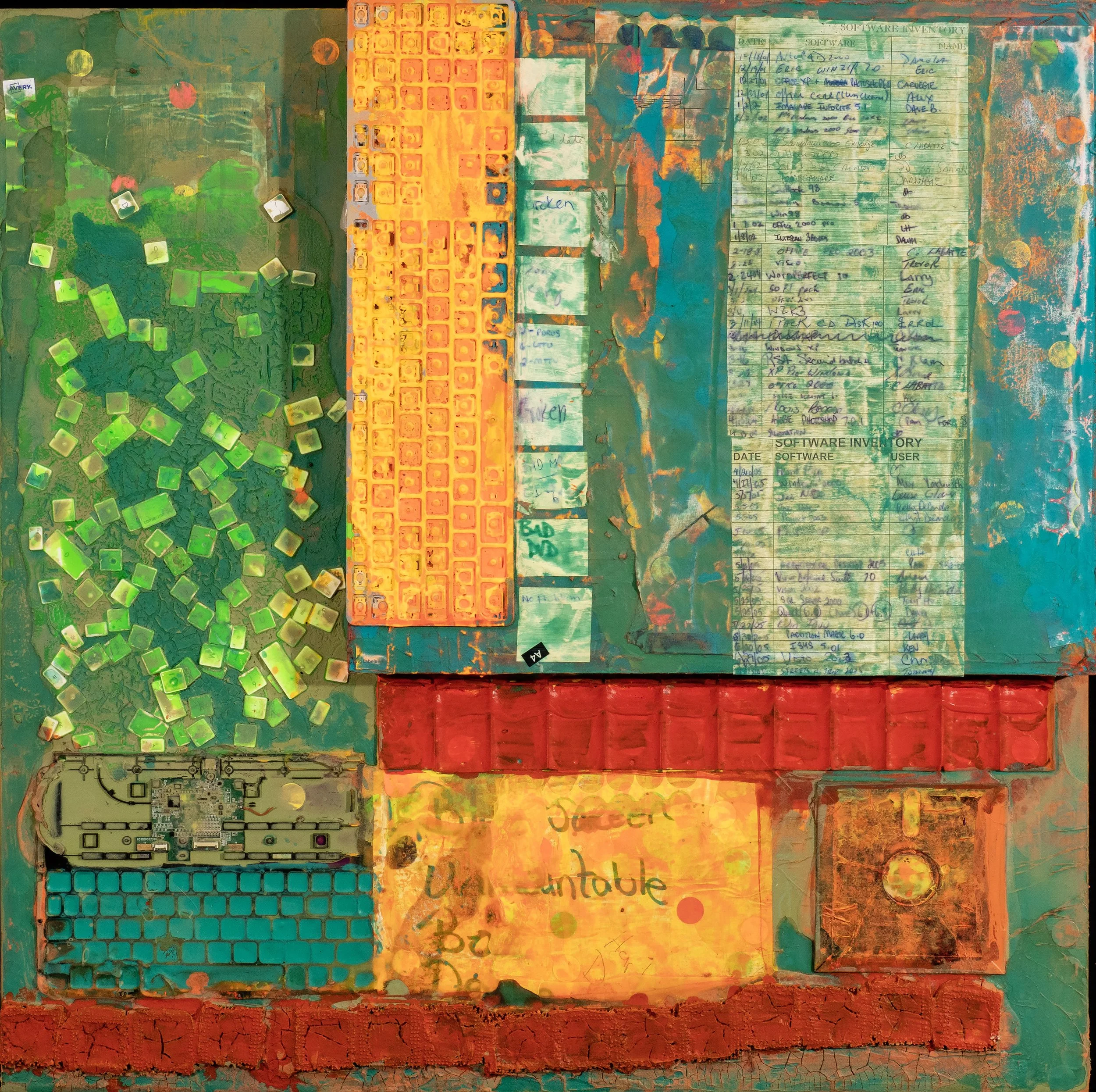 Mixed media artwork featuring colorful abstract patterns, textured paint, handwritten notes, and scattered small square tiles in green, orange, and turquoise.