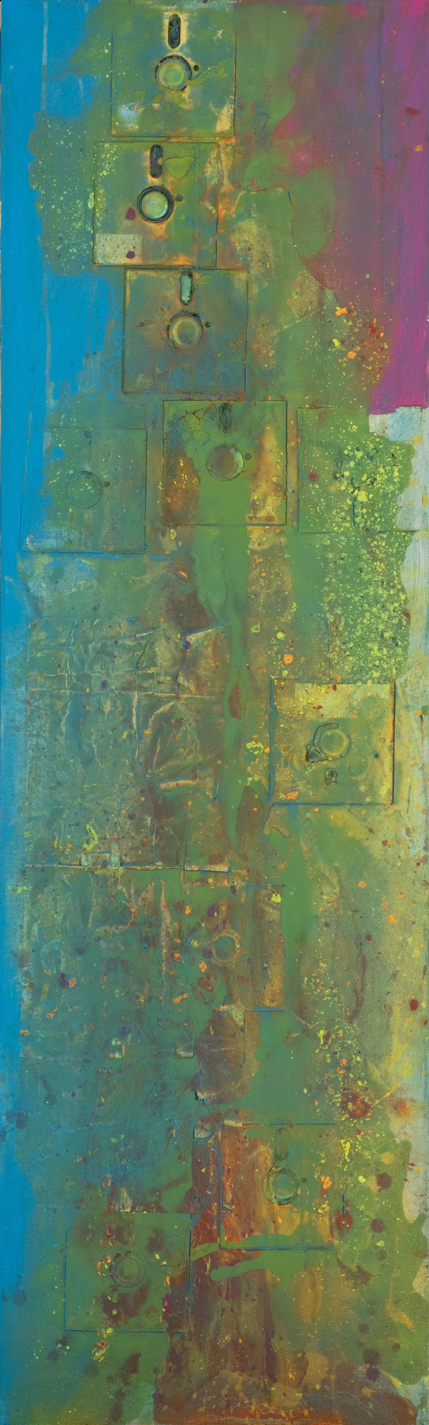 Vertical abstract painting with a mix of vibrant colors including blue, green, pink, yellow, and orange, featuring textured patterns and overlapping rectangular shapes.
