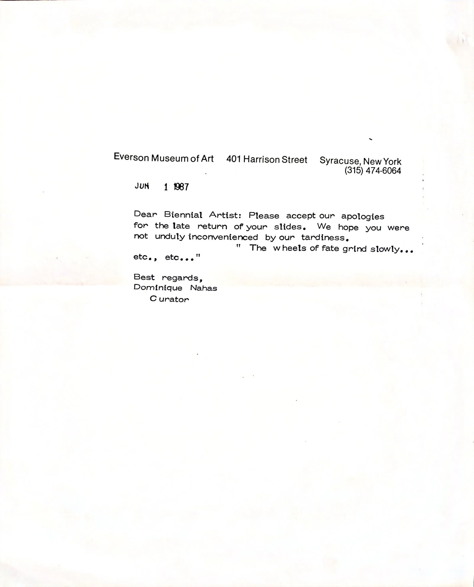 Letter from the Everson Museum of Art to Biennial artists, dated June 1, 1987, regarding the delayed return of exhibited works.
