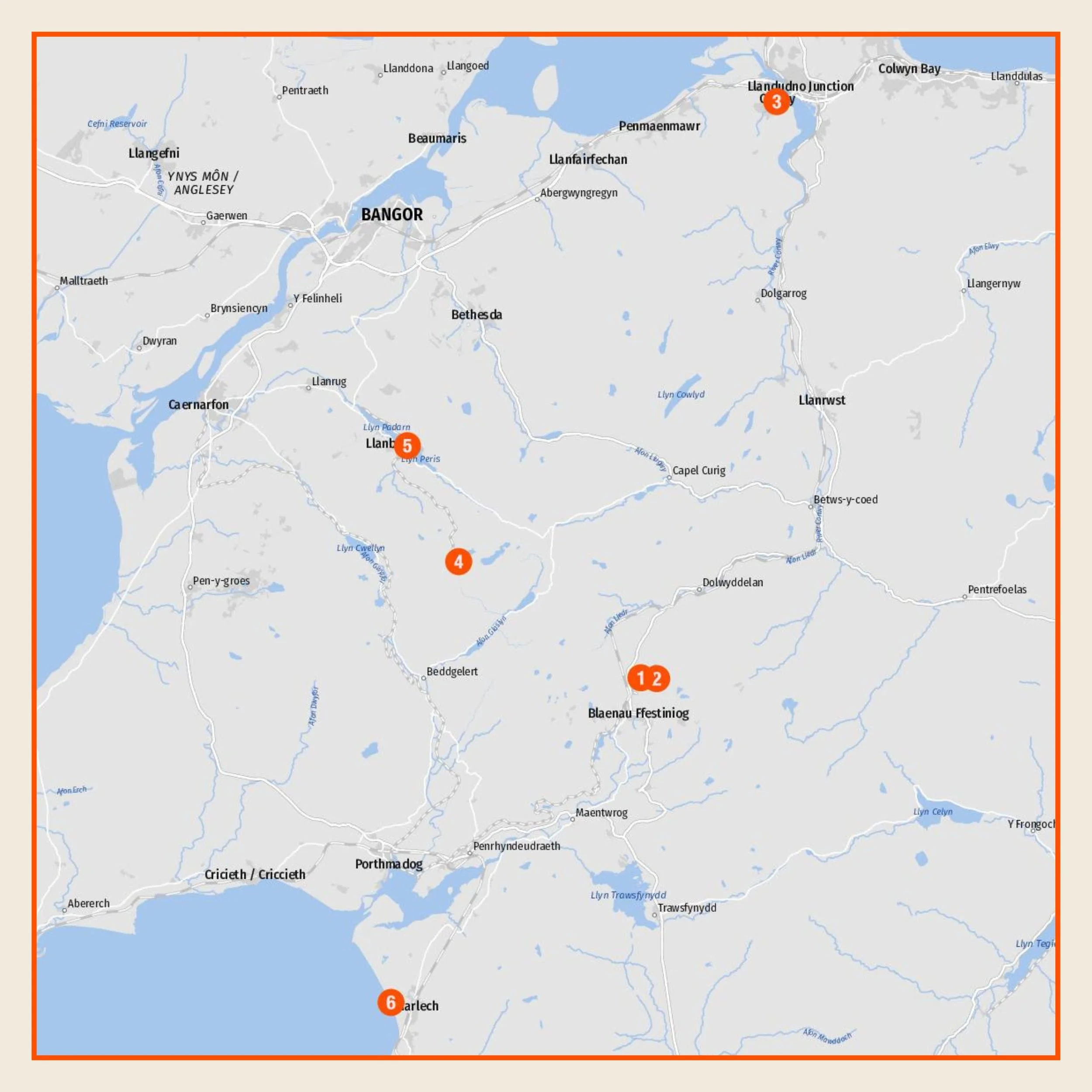 Map of North Wales with numbered locations showing the distance of Llechwedd from Snowdon, Zip World and other locations marked in orange and black labels.