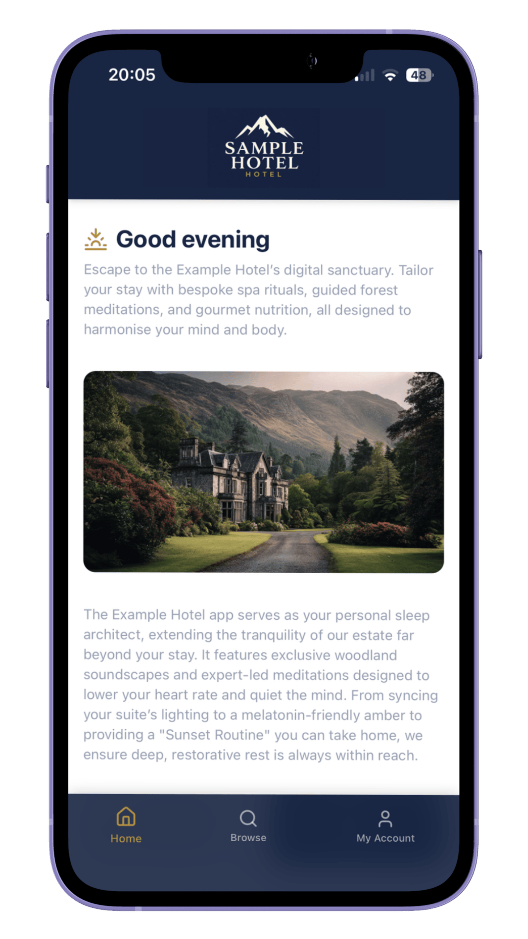 Smartphone screen displaying a hotel app with a welcome message, an image of a large mansion in a forested area, and navigation icons for home, browse, and my account at the bottom.